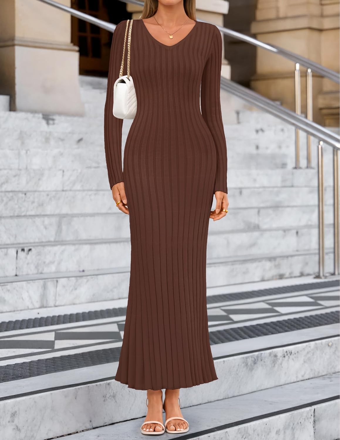 ZESICA Women's 2026 Spring Sweater Dress Long Sleeve V Neck Ribbed Knit Party Cocktail Bodycon Maxi Dresses - Image 2