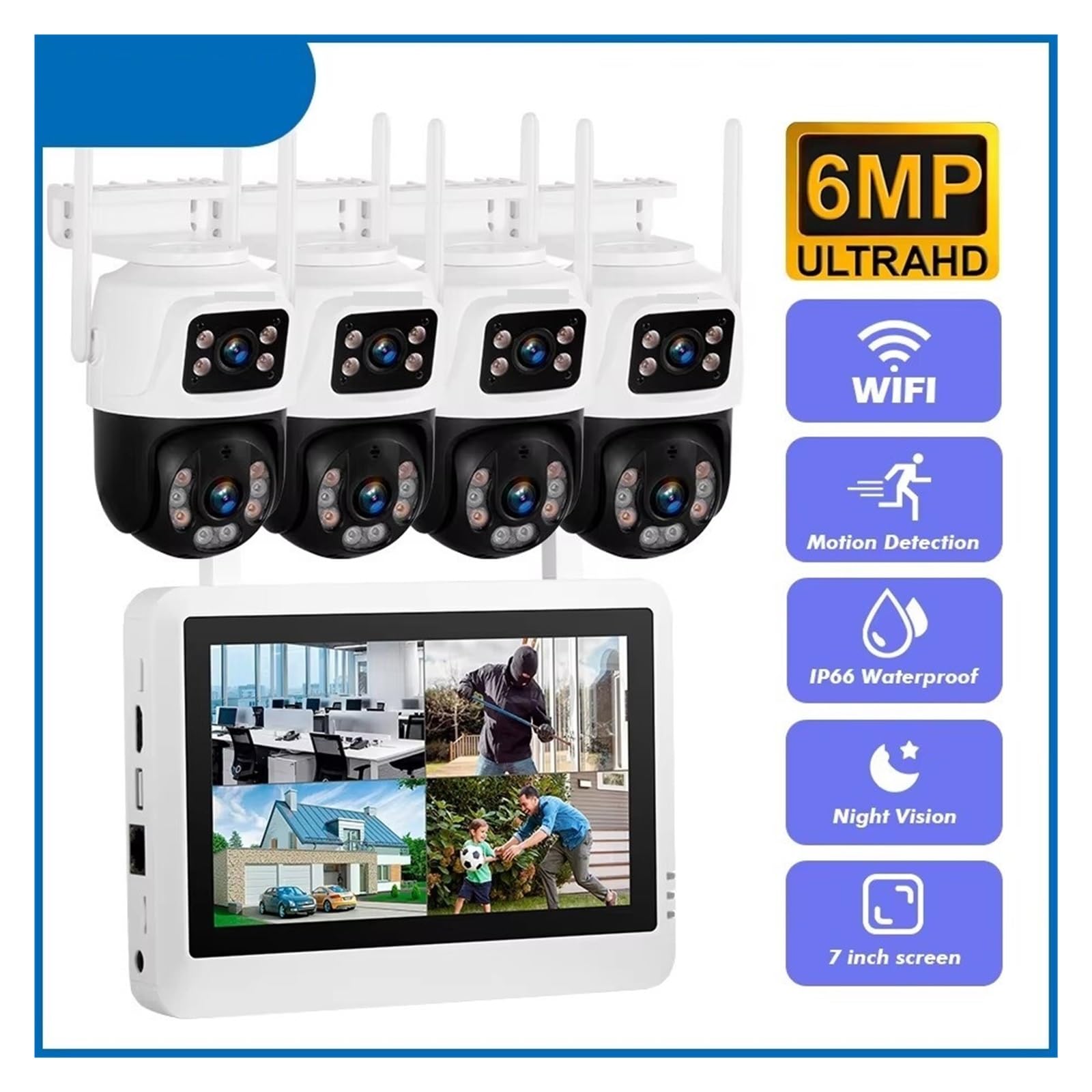 7-calowy Ekran LCD, Bezprzewodowy System Kamer Bezpieczeństwa, 8-kanałowy Rejestrator NVR, Podwójny Obiektyw, Zestaw Do Monitoringu Domu, Wideo Wykrywanie Ruchu(None,3pc)