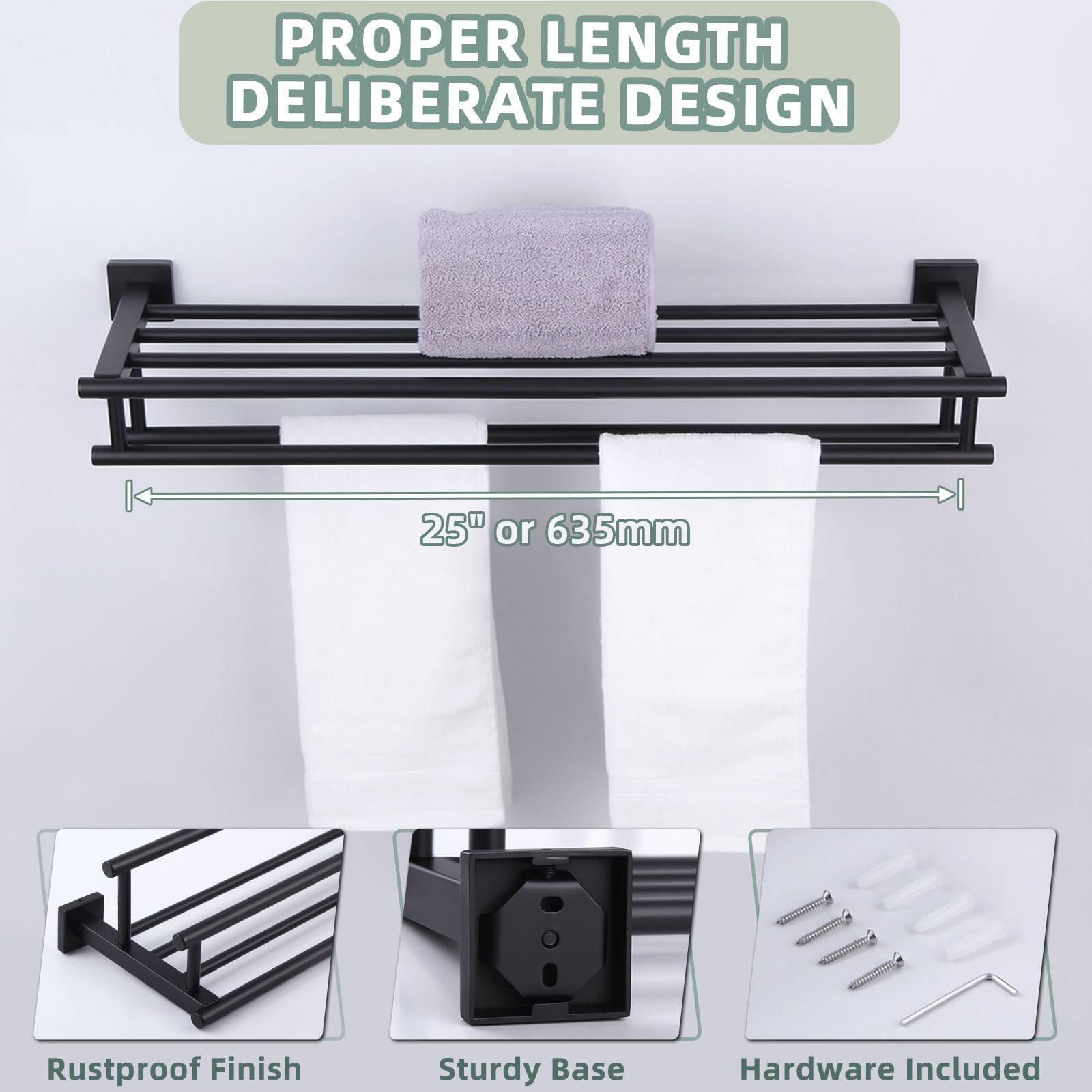 28 Inch Black Stainless Steel Bathroom Towel Rack - Wall Mounted Storage Organizer For Small Spaces