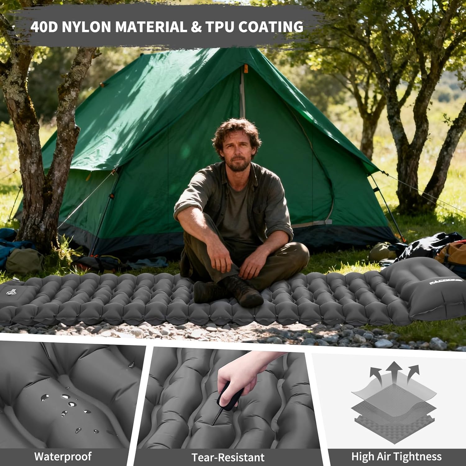 Camping Sleeping Pad, Connectable Design for Double Mat, Ultralight Inflatable Sleeping Mat with Pillow, Built-in Foot Pump, Portable Camping Air Mattress for Backpacking Hiking Tent (Grey)