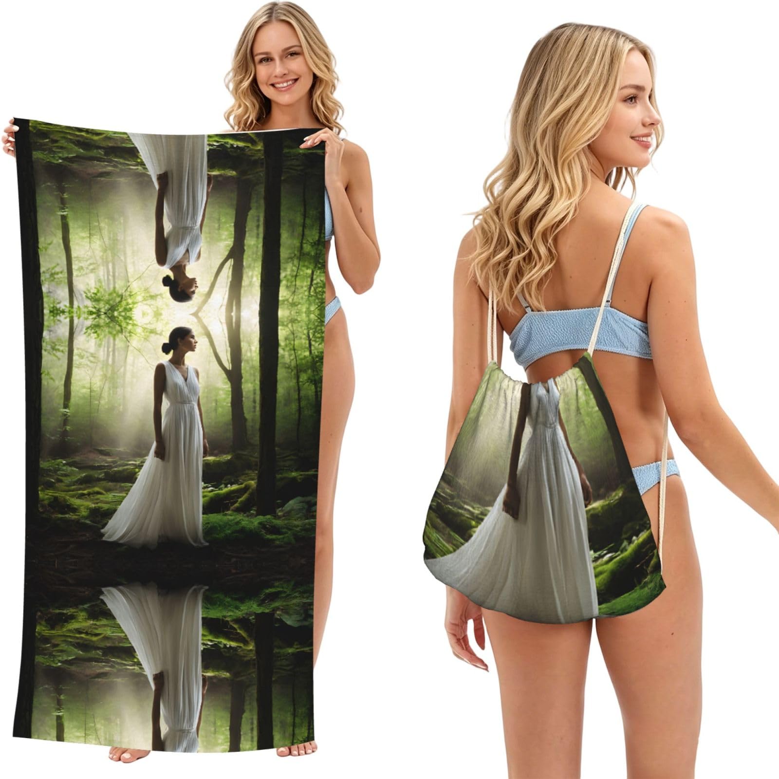 ESNAIUVCD Lake Fairy Print Beach Towel For Adults,Towel With Drawstring Bag, Travel Pool Swimming Sports Shower Sand Free Quick Dry Bath Towel For Pool, Beach, Yoga- 180x60cm