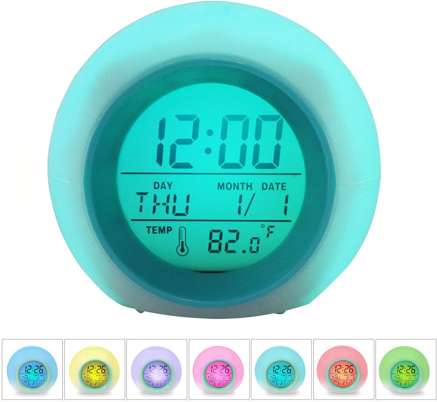 Kids Alarm Clock, Wake Up Digital Clock for Kids, 6 Natural Sound 7 Colors Changing Light Bedside Clock for Boys Girls Bedroom, with Indoor Temperature Calendar, Touch Control and Snoozing