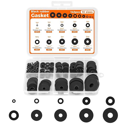QKP 143Pcs Flat Rubber Washers Assortment Kit, 10 Sizes 7/10/12/16/18/20/22/25/28/30mm Rubber Gasket, Suitable for Screws, Hoses, Tap Fittings, Pipes, Shower Hoses, Garden Bolts