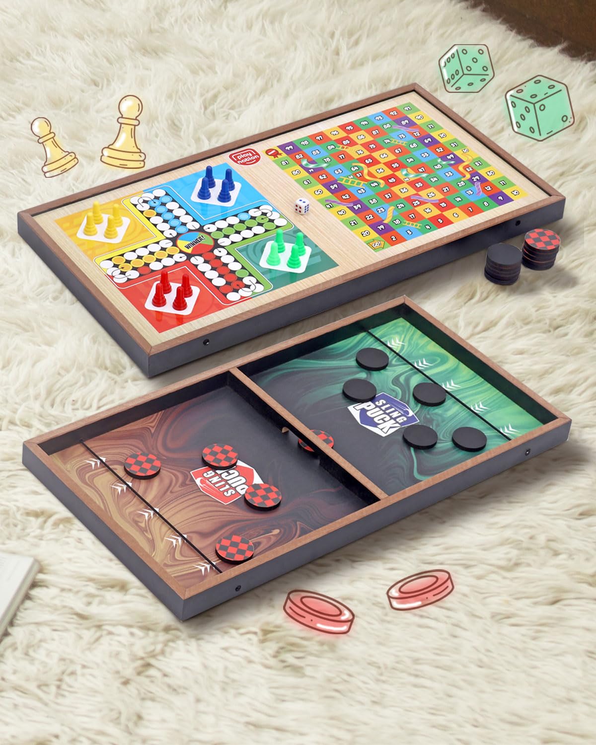 Play Nation Premium 3-in-1 Fastest Finger First Wooden Board Game| Family Board Game with Sling Puck Board,Chess,Ludo Snake & Ladder Indoor Toys & Games for Kids & Adults | Best Birthday Gift for Kids