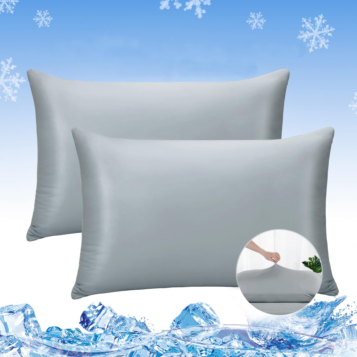 LUXEAR Cooling Pillow Cases, 2 Pack Ultra Cool Pillow Cases with Q-max 0.55 Arc-Chill Cooling Fiber for Hair Skin Hot Sleeper, Fit Standard & Queen Size Pillows - Gray