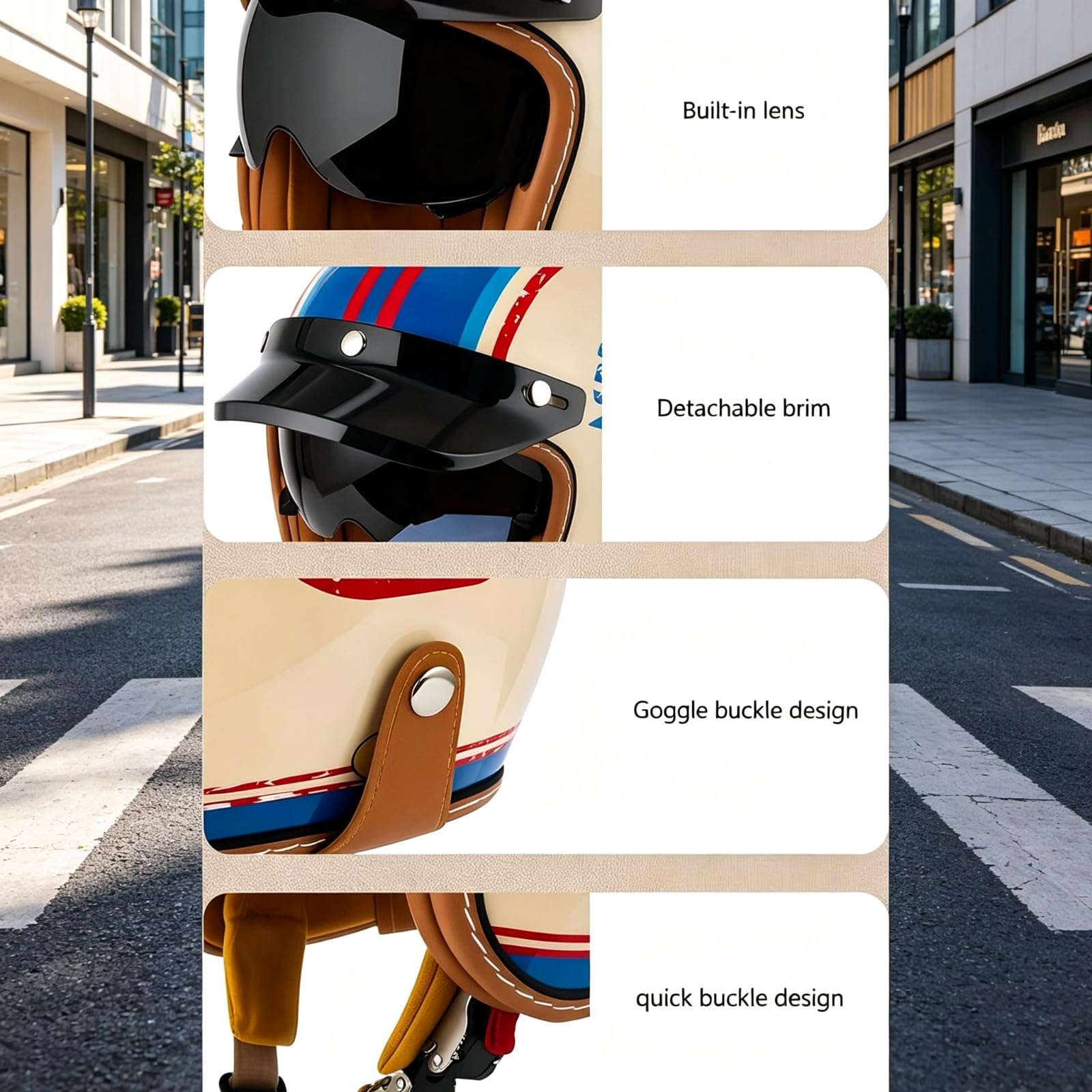 Casque Jet Classique Homologué ECE 22.06 & Conforme Dot, Casque Moto Rétro Bol Norme Européenne avec Visière Solaire Interne, Bord Amovible, Boucle Micrométrique, Scooter Cafe Racer