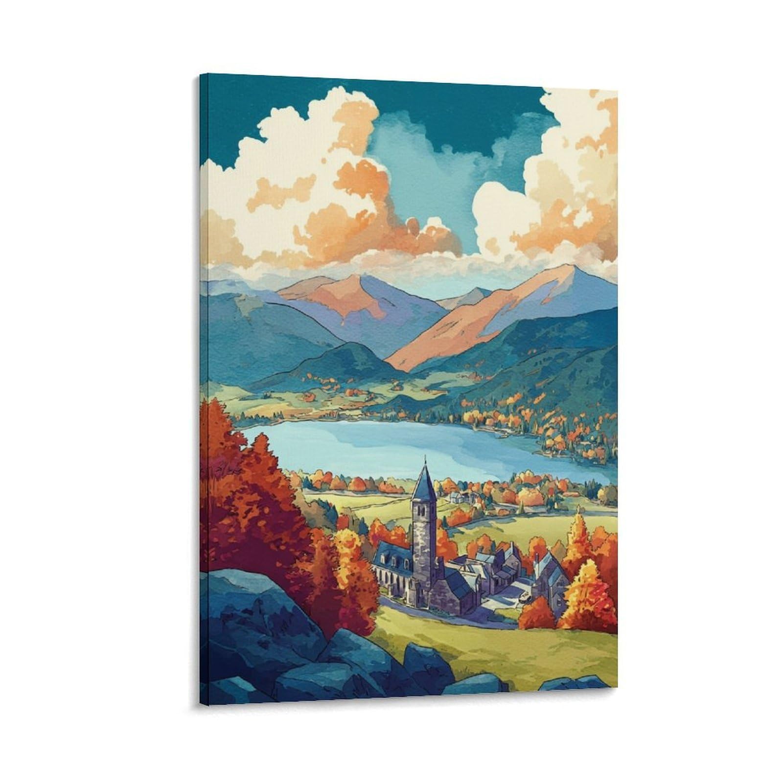 CTZIKWW Hawkshead Lake District 12x18inch(30x45cm) Vintage Watercolor Canvas Wall Art