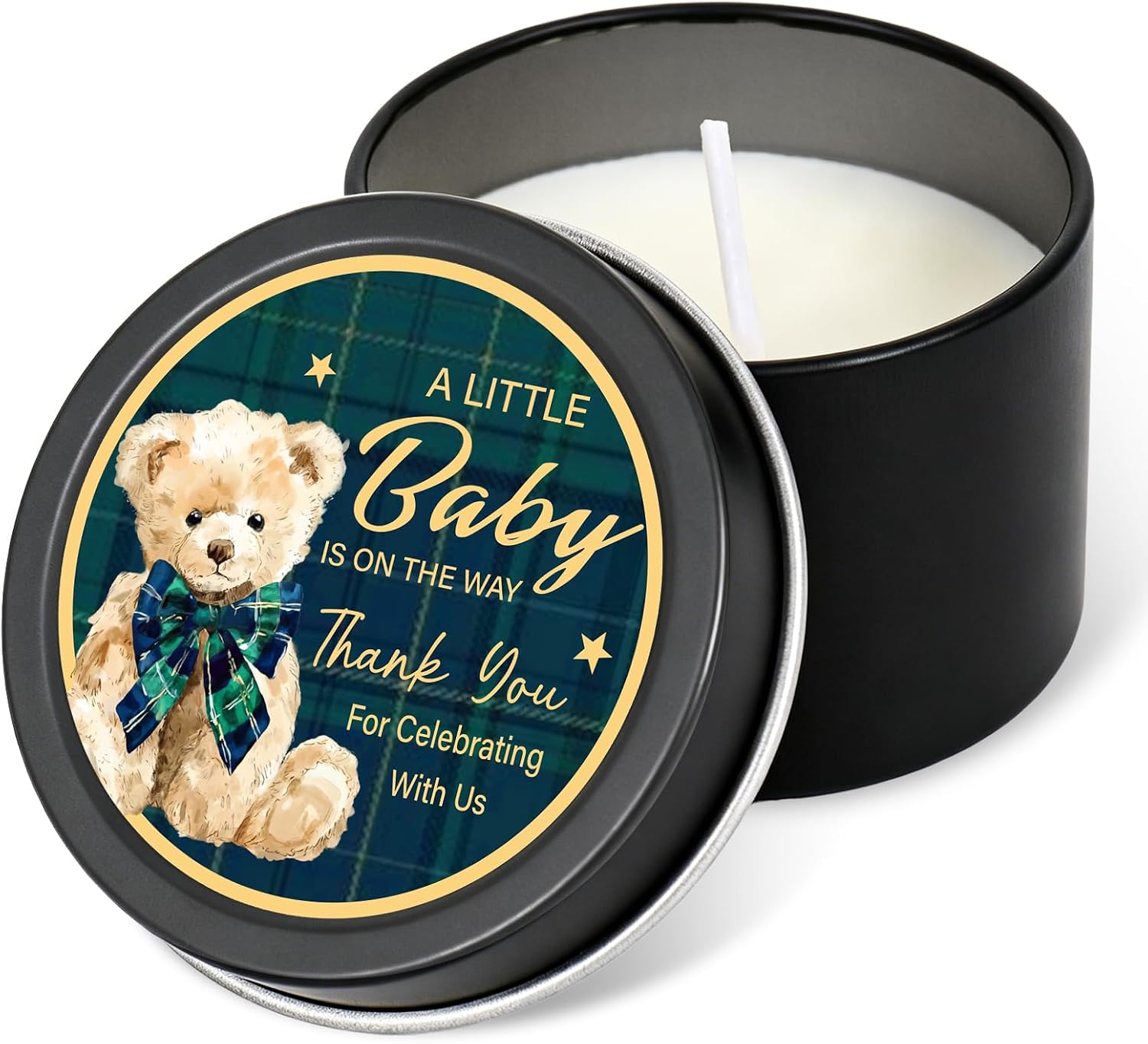 Whaline Tartan Bear Baby Shower Party Favor Candles Green Blue Plaids Lavender Scented Candles Soy Wax Tin Jar Candle for Guests Gender Reveal Decoration Gift, 24 Pack