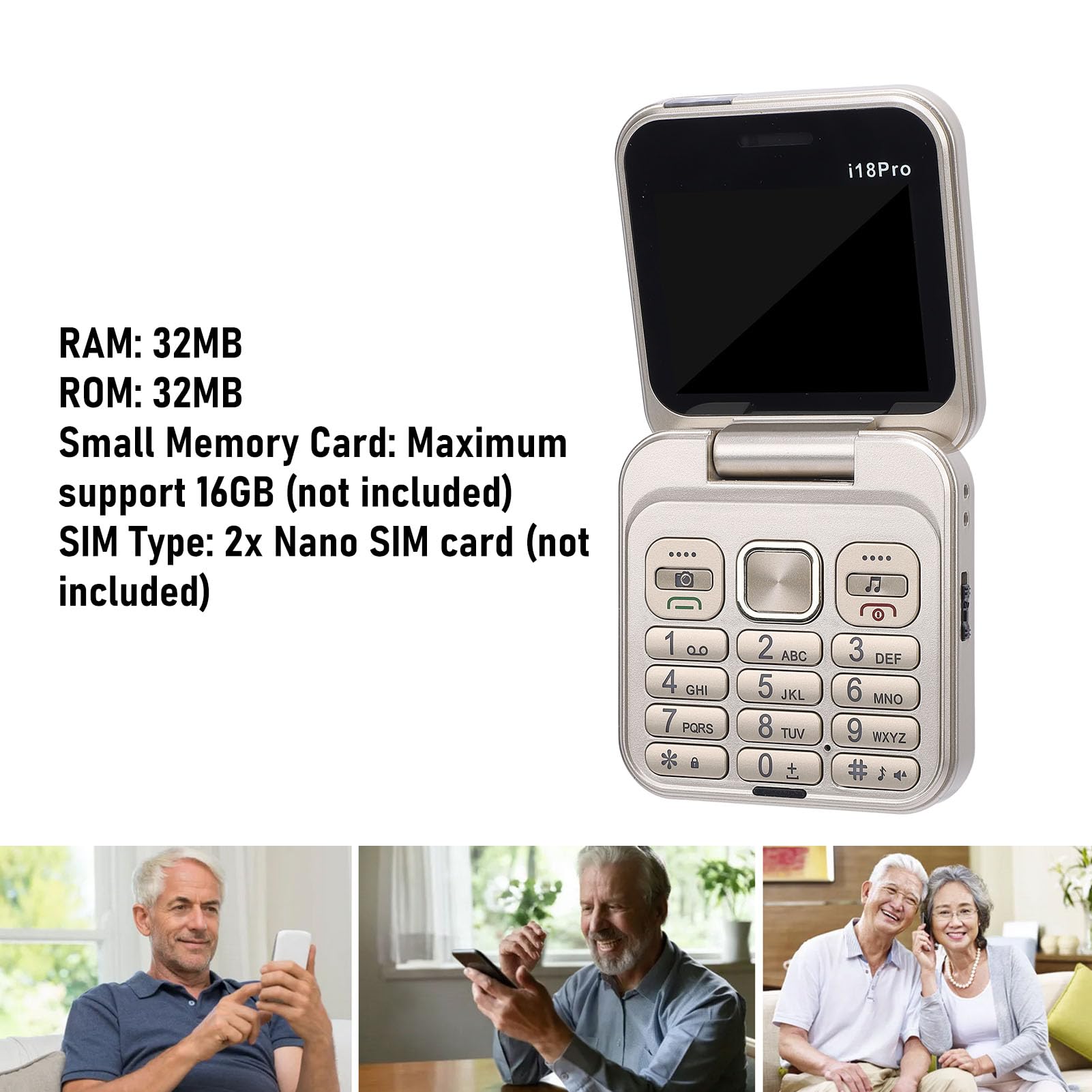 Luocute Cellulare Flip, Telefono Cellulare Pieghevole Dual SIM con Schermo da 2,4 Pollici con Pulsanti Grandi e Display a Doppio Schermo, Lettura Chiara e un Uso Multifunzionale, (GOLD)