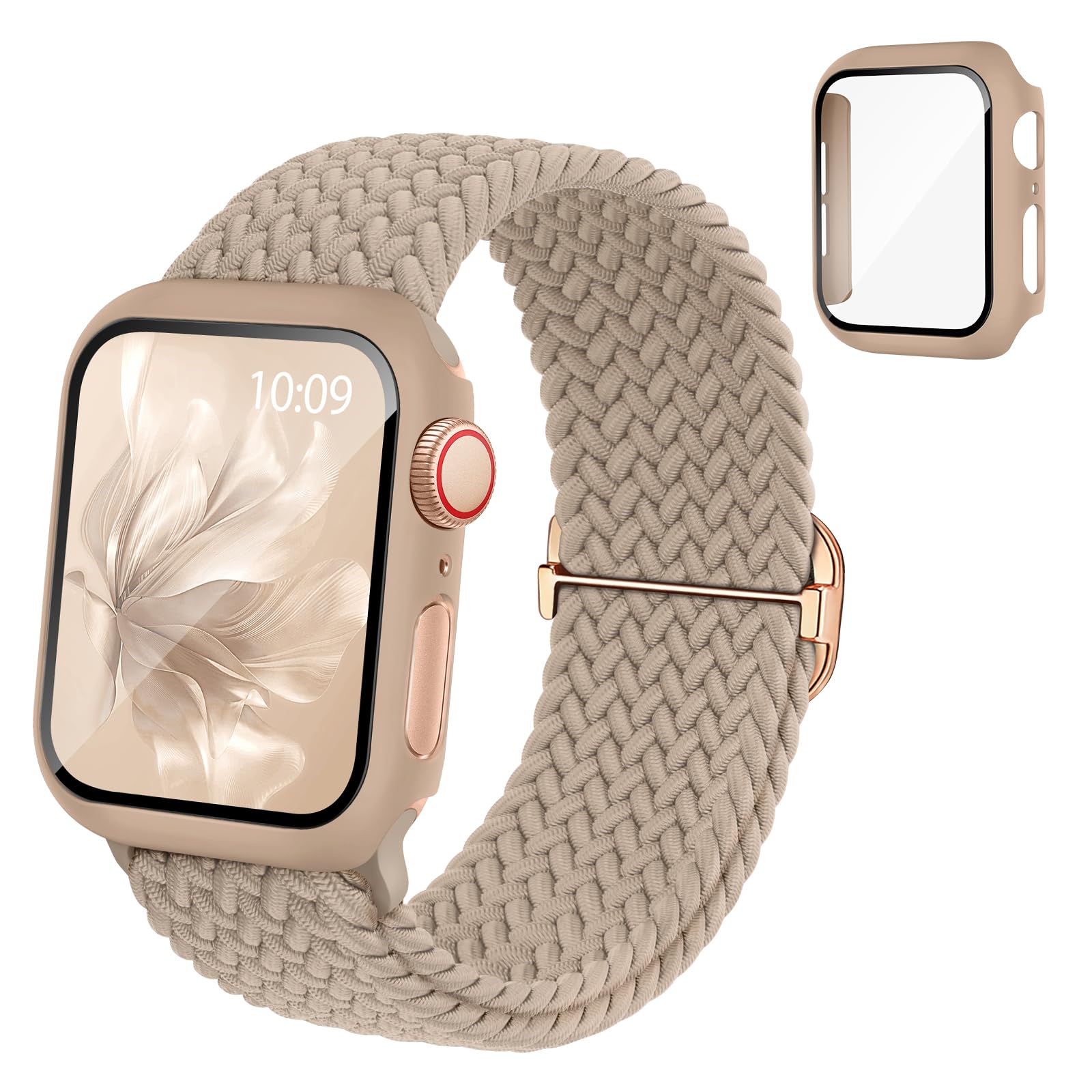 braided stretchy band compatible for apple watch band and case 40mm 41mm 42mm 44mm 45mm 46mm, nylon elastic solo loop and protective cover with screen protector for iwatch series 11 10 9 8 7 se 6 5 4