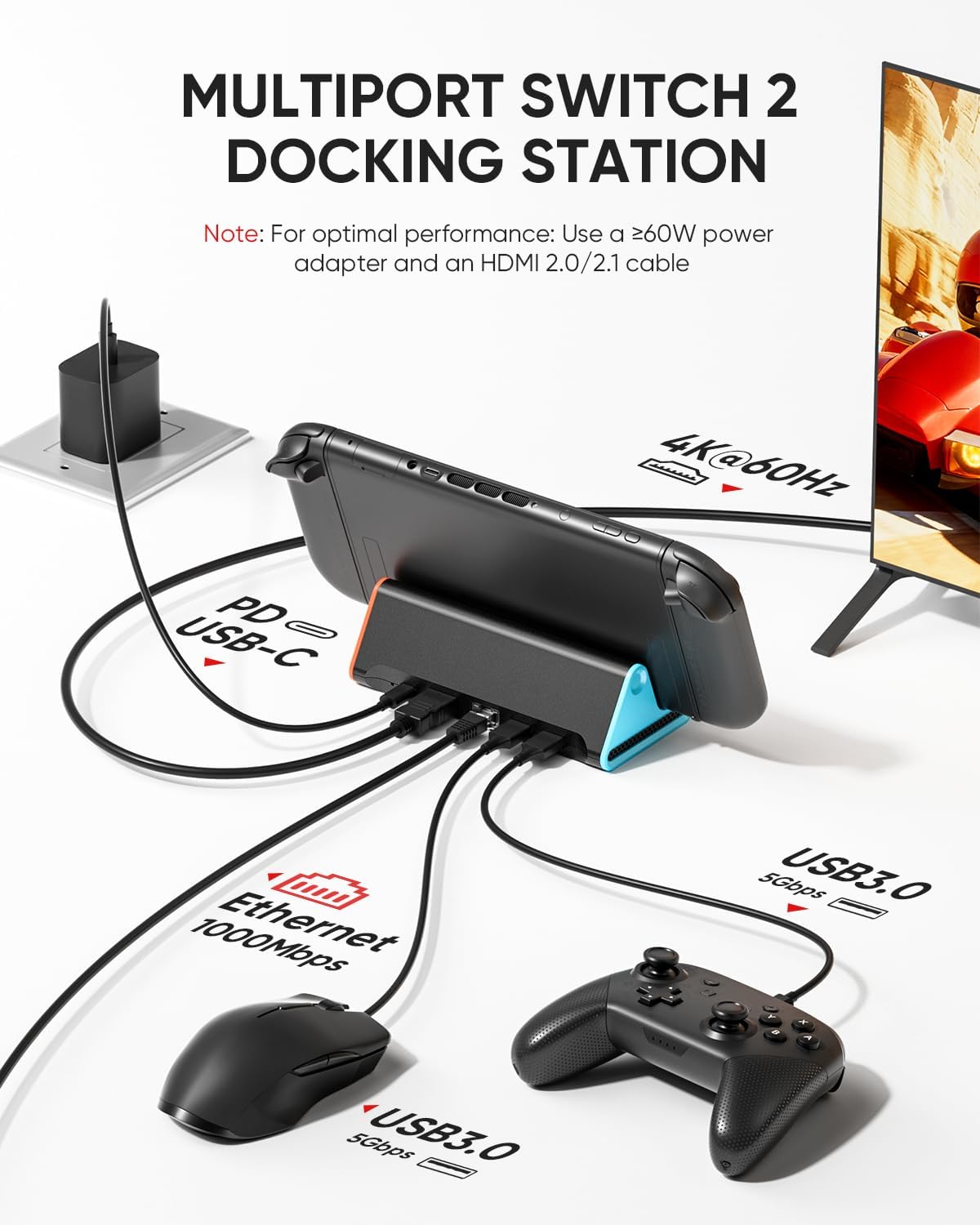 Switch 2 Dock, 4K@60Hz TV Docking Station with 60W Fast Charger & HDMI Cable, Gigabit Ethernet Port (1000Mbps), Portable Replacement Base for Switch 2 ONLY, Accessories Bundle for Nintendo Switch 2 6 71BwLyYeTmL. AC SL1500