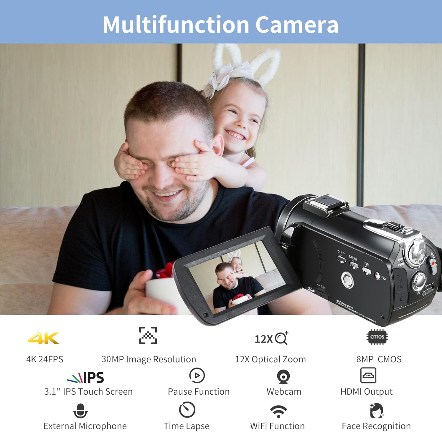 ORDRO 4K Camcorder AC5 Plus Live Streaming Video Camcorder, 12X Optical Vlog Camera for YouTube, 3.1'' Rotatable Screen Autofocus WiFi Camera with SD Card, Stabilizer, Mic, Wide Angle Lens, Batteries