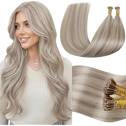 LaaVoo Itip Human Hair Extensions Ash Blonde Highlights Bleach Blonde I Tips Hair Extensions Real Human Hair 20 Inch 50g/s