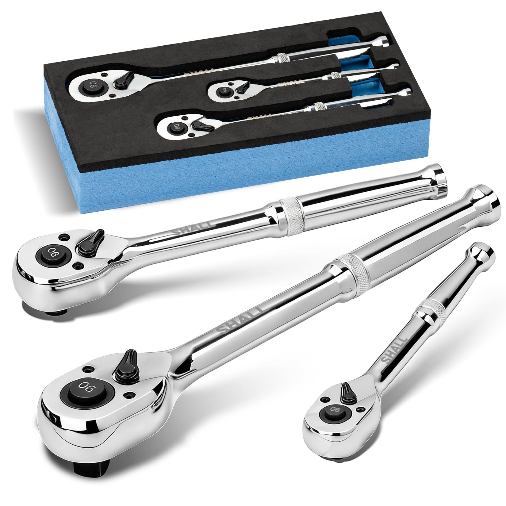 Shall Chrome 90-Tooth Ratchet Wrench Set | 3-Piece 1/2", 3/8" & 1/4" Drive | Quick-Release & Reversible | High-Torque Seamless Ratcheting For Mechanics