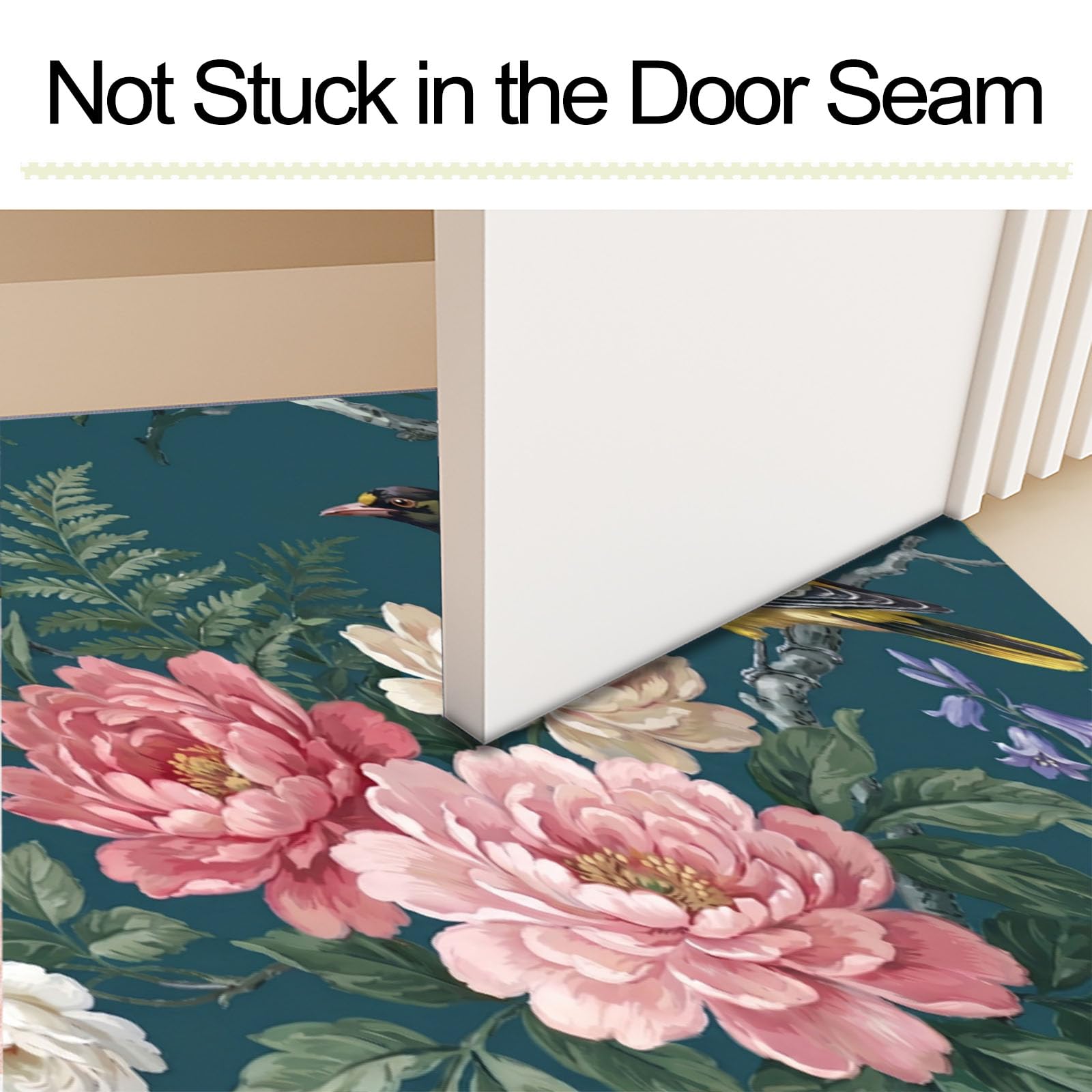 Felpudo Ultrafino para Interiores, 80X120Cm, Flores Rurales Pájaros Alfombra Antideslizante Lavable para Entrada, Peonía Retro Planta Felpudo De Perfil Bajo, Atrapa Suciedad, Cian Oscuro