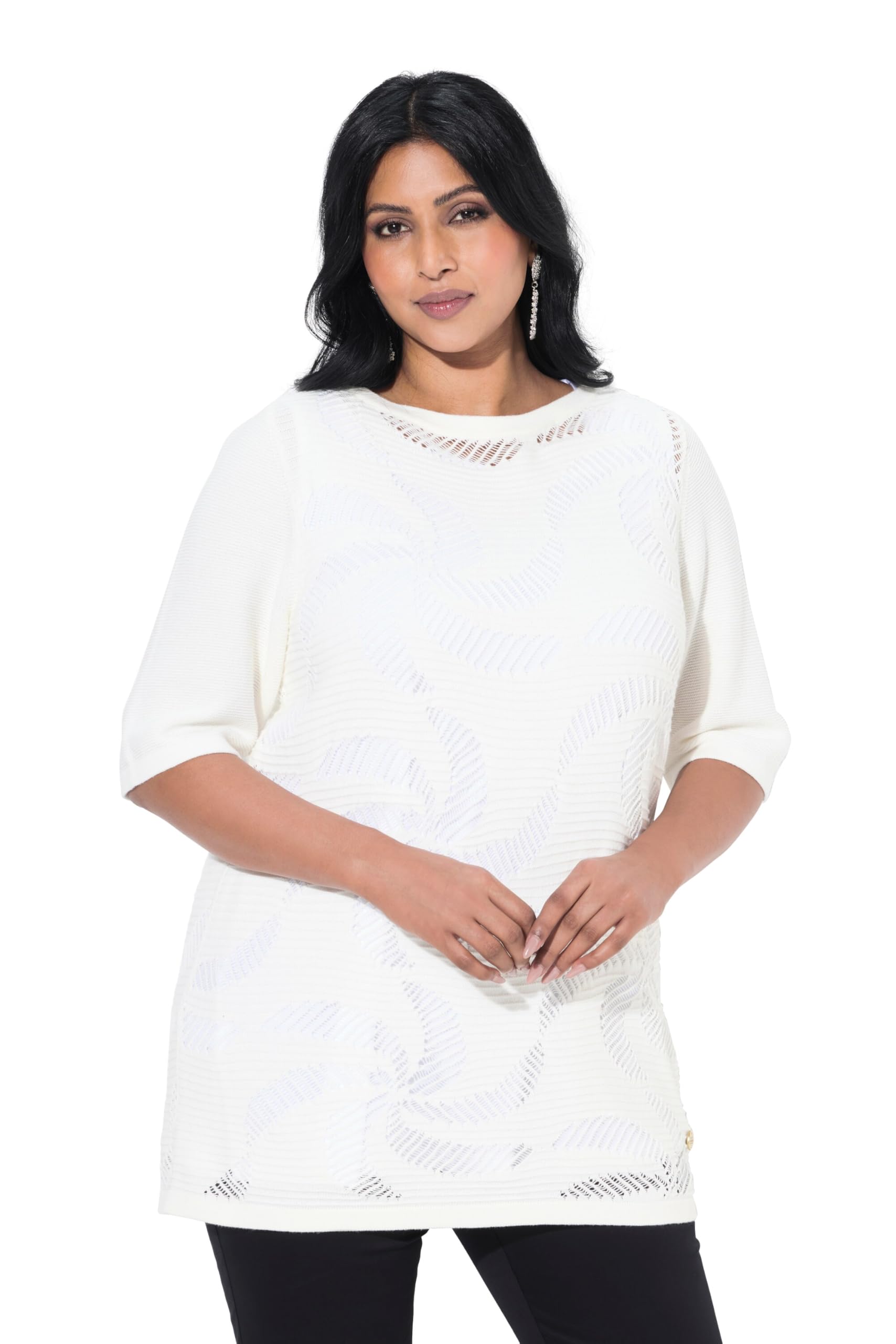 Ulla Popken Damen große Größen Übergrößen Plus Size Pullover, Blüten, U-Boot-Ausschnitt, Halbarm 835315
