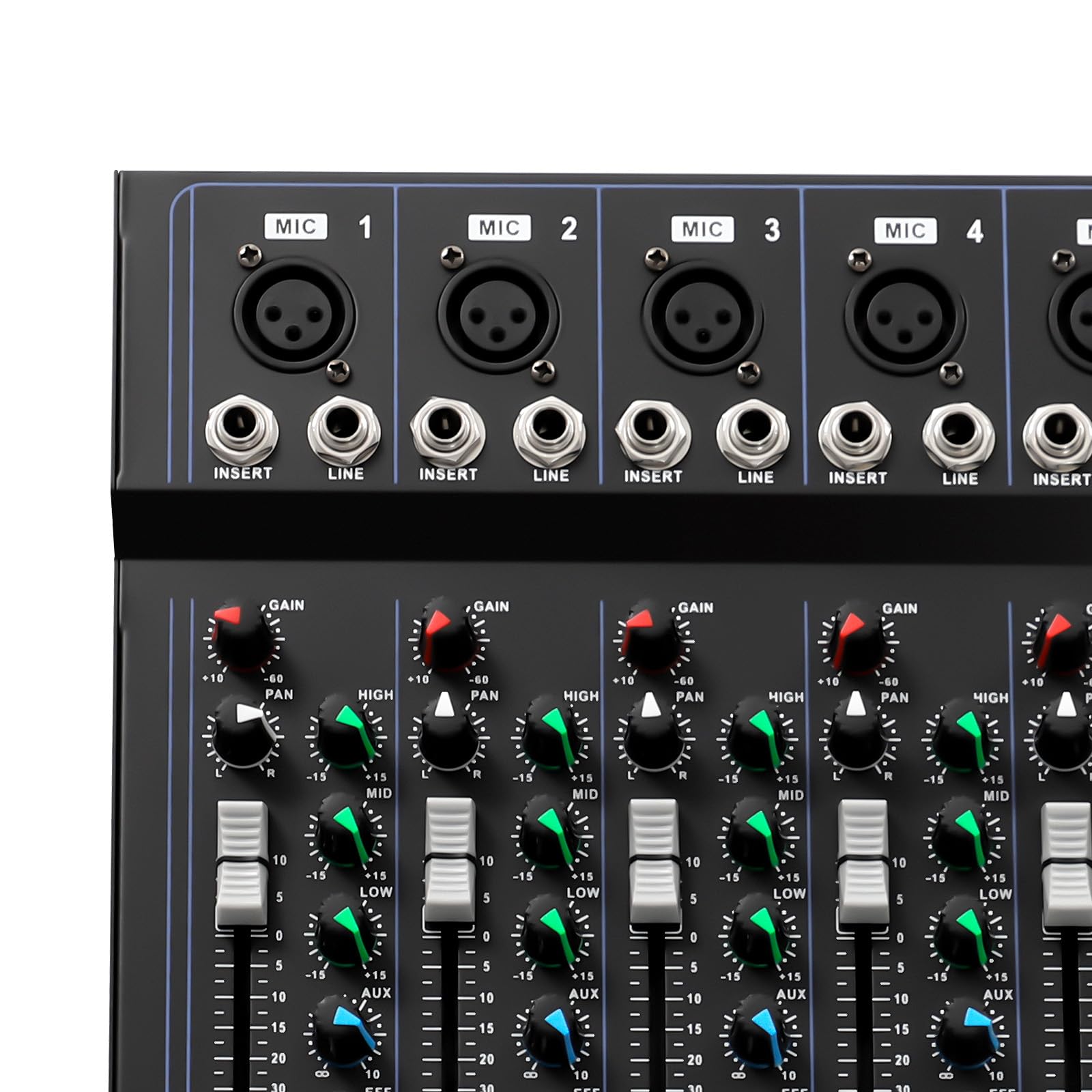 Professionelles 7-Kanal DJ Mischpult, Audio Mixer mit 48V Phantomspeisung für PC, Podcast Equipment & Home-KTV, Kompaktes Mischpult für Einsteiger und Live-Auftritte