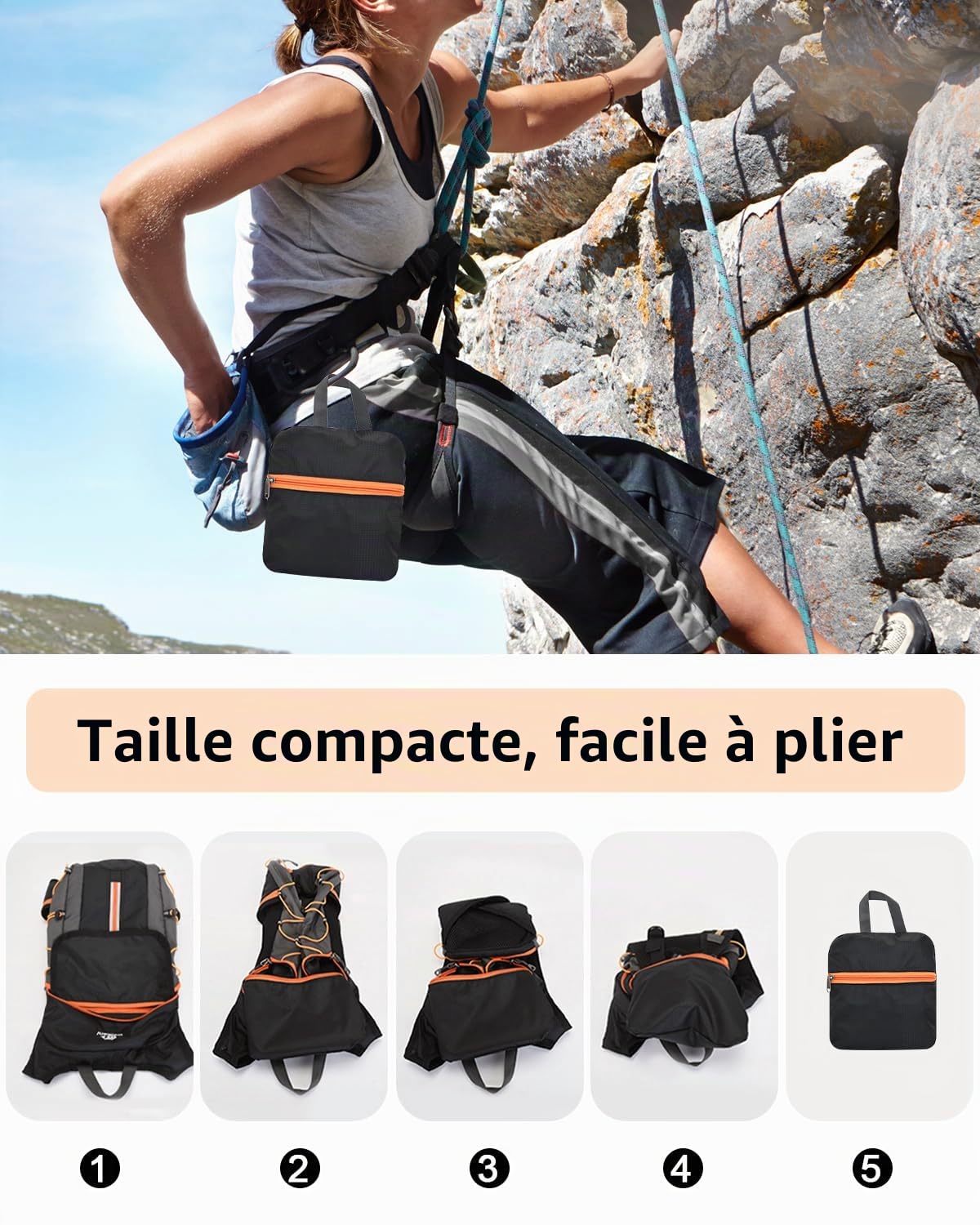 Sac à Dos Vélo Pliable Ultraléger, 6L Petit Sac VTT Homme Femme avec Filet à Casque, Mini Sac randonnée pour Sport Ski Cyclisme Camping, Orange