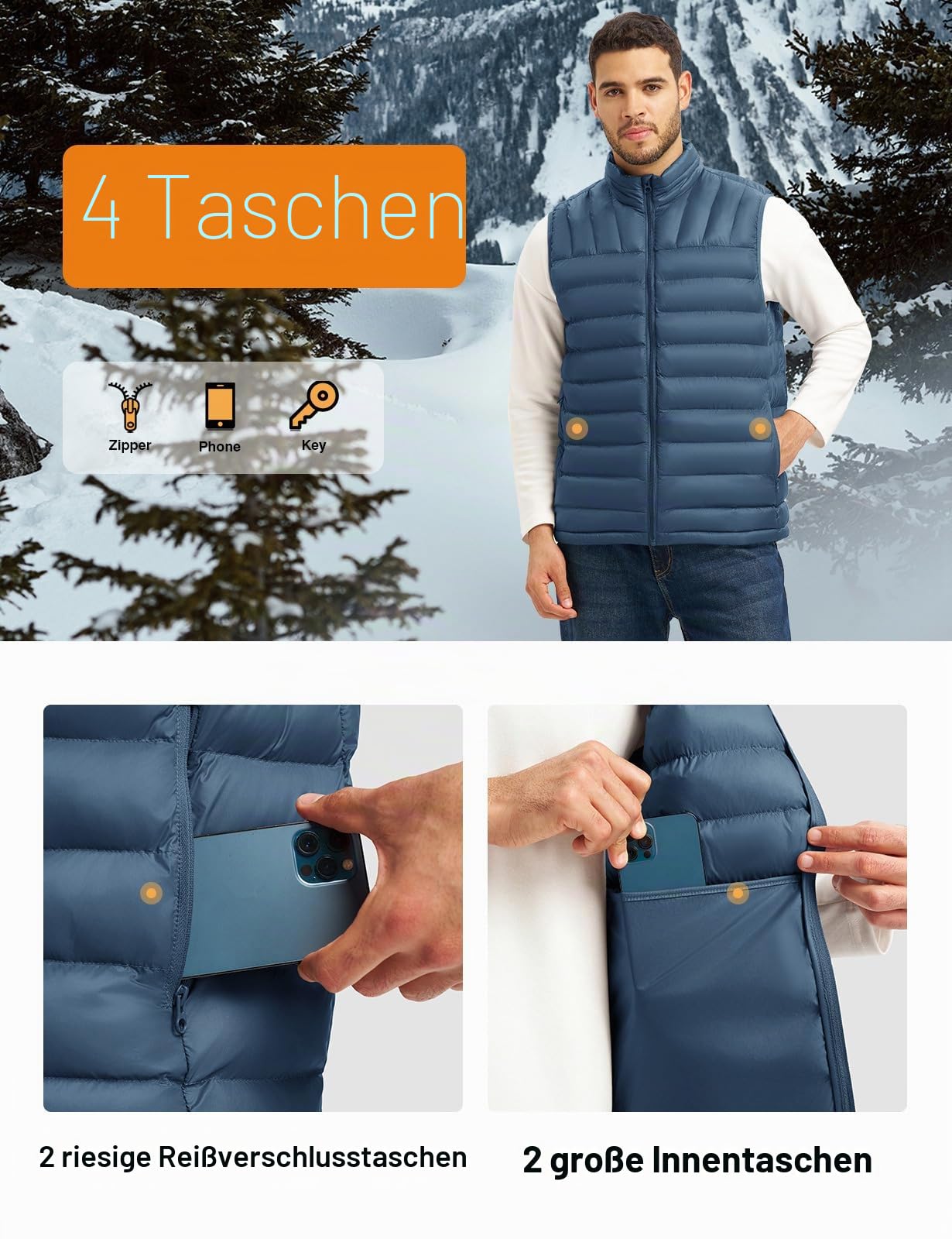 donhobo Herren Steppweste Packbare Pufferweste Übergangsweste | Leicht, Wasserabweisend, Winddicht, Warm, Ärmellose Jacke, 4 Taschen, für Freizeit Wandern Reisen