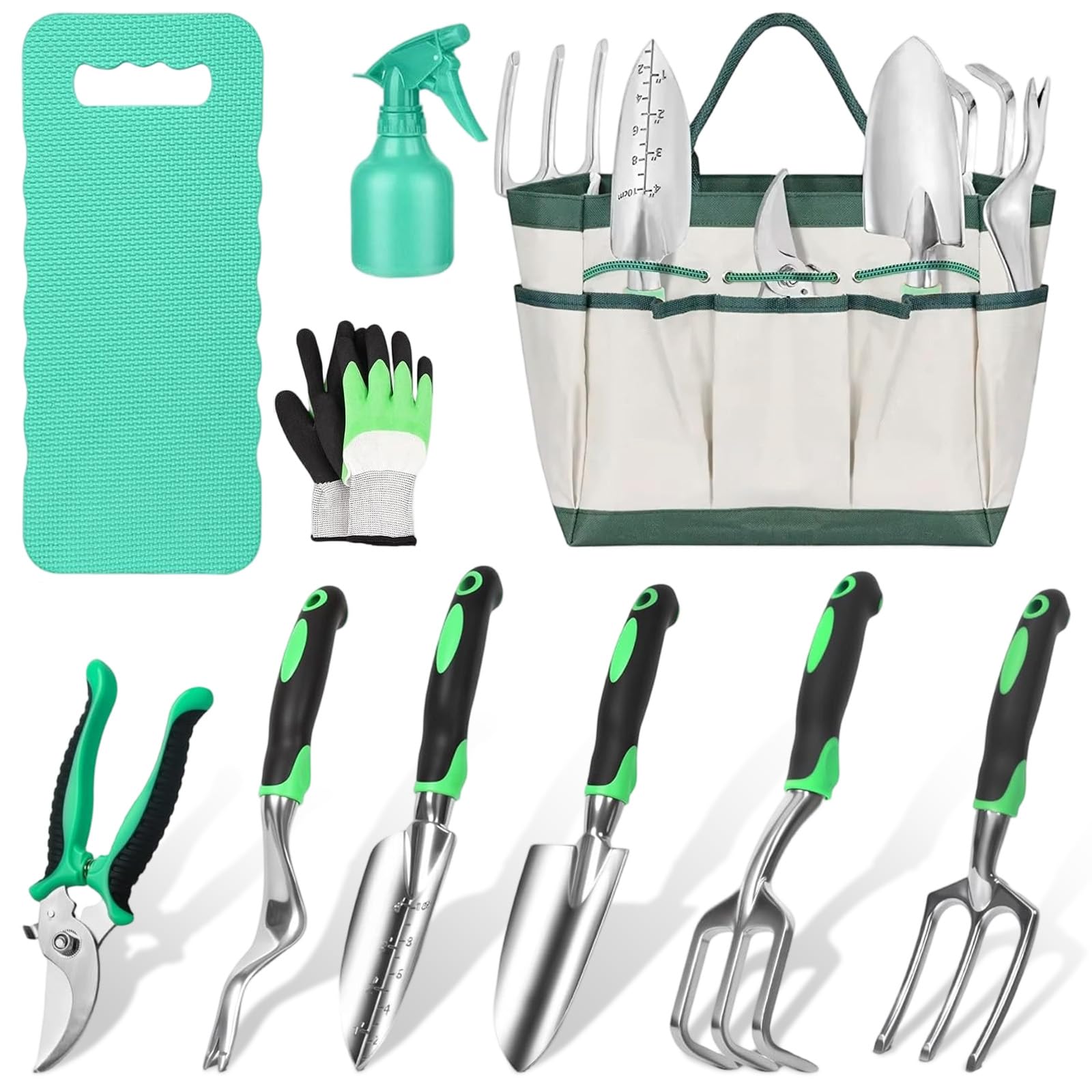 10 Pièces Kit Outils Jardinage Adulte avec Sécateur, Vaporisateur, Genouillères, Gants Travail, Petite Pelle, Houe, Sarcloire et Sac Toile, Outillage de Jardin pour Entretien Plantes Extérieur