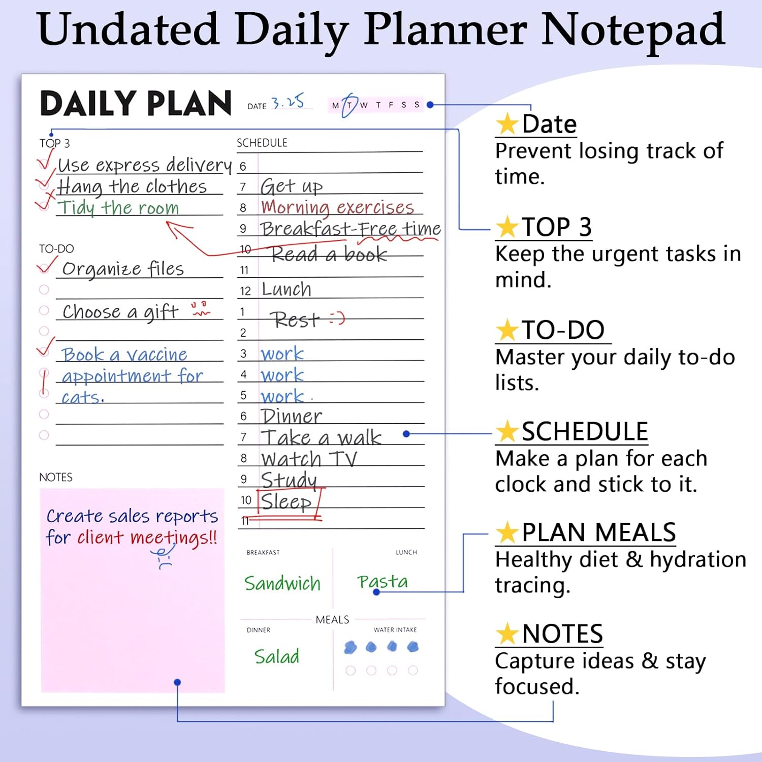 To Do List Notebook for Work, To Do List Notepad with 50 Sheets, Undated Daily Planner for Priority, Scheduler, Notes, Plan Meals and Water Intake Tracker - Image 3