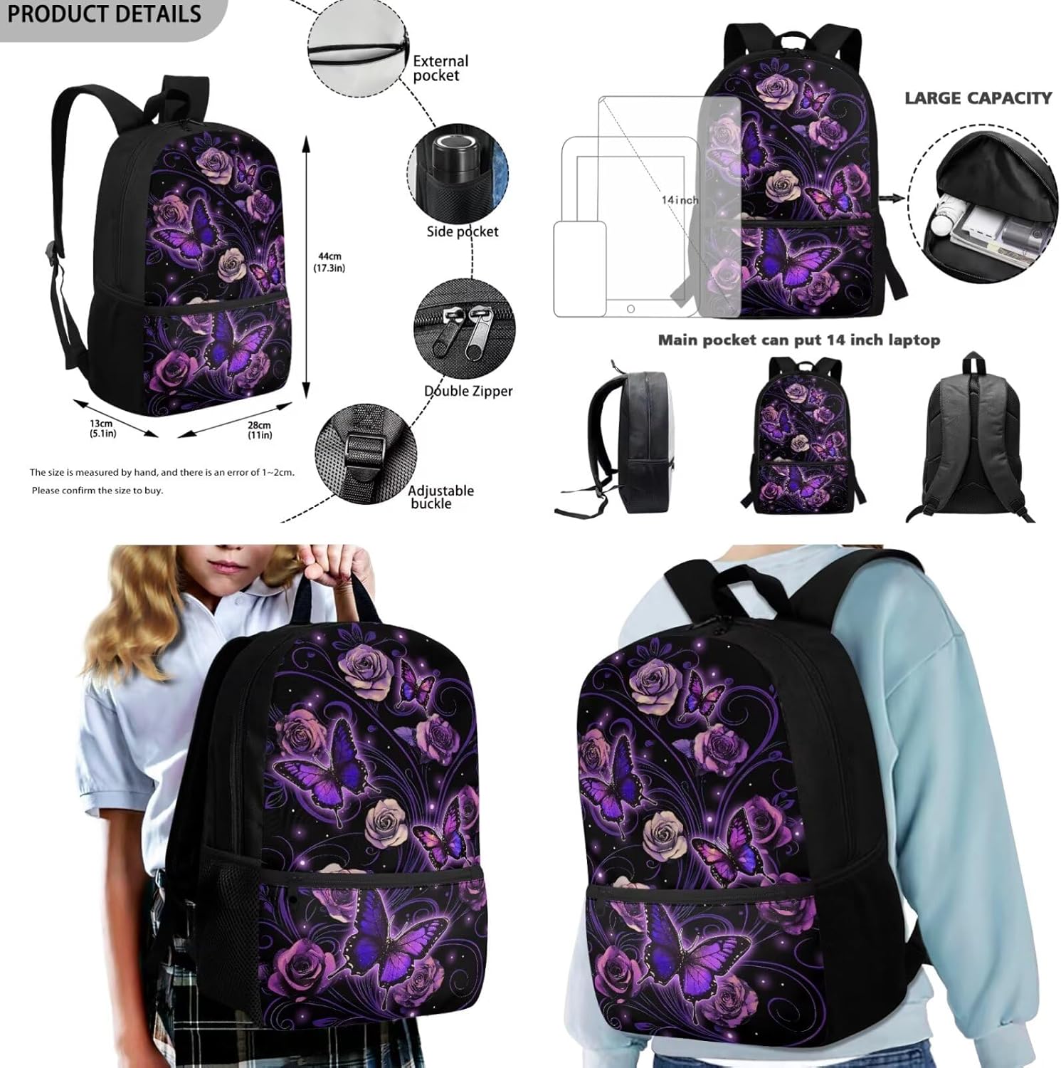 Cozeyat Aesthetic Butterfly Girls Backpacks Ages 8-12 with Lunchbox Aesthetic Teen Bookbag with Lunch Box and Water Bottle Holder 17 inch Kids School Bag for 1st 2nd 3rd Grade Elementary Students