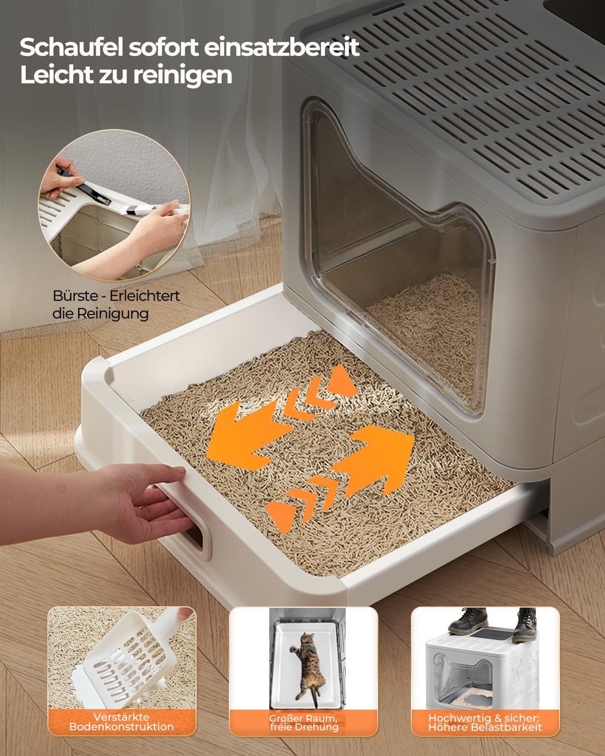 Katzenklo mit Deckel, ausziehbares hochwertiges Tablett und Katzenklo Schaufel, hop in Katzenklo XXL Katzentoilette geschlossen geräumig katzenklo groß für Katzen bis 15 kg, Leichtere Reinigung