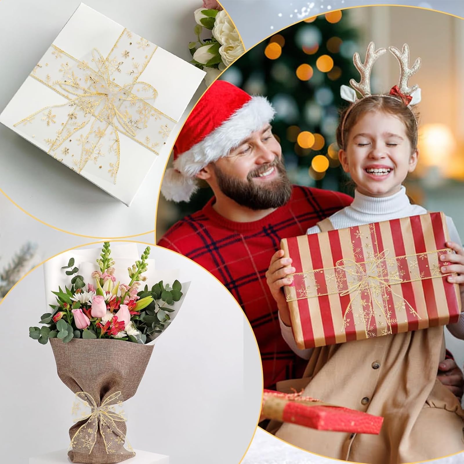 Gold Organza Snowflake Wired Sheer Glitter Ribbon With Spool for Christmas Decoration Gift Wrapping, Party Decoration (Gold, 9m) - Image 4