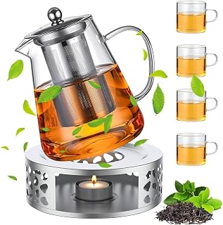 Teapot with Heater Set, 1300ml Glass Teapot with Stainless Steel Strainer and 4 Glass Teacups Heat Resistant Coffee Pots Borosilicate Glass Tea Maker for Loose Tea, Fruit Tea and Tea Bags