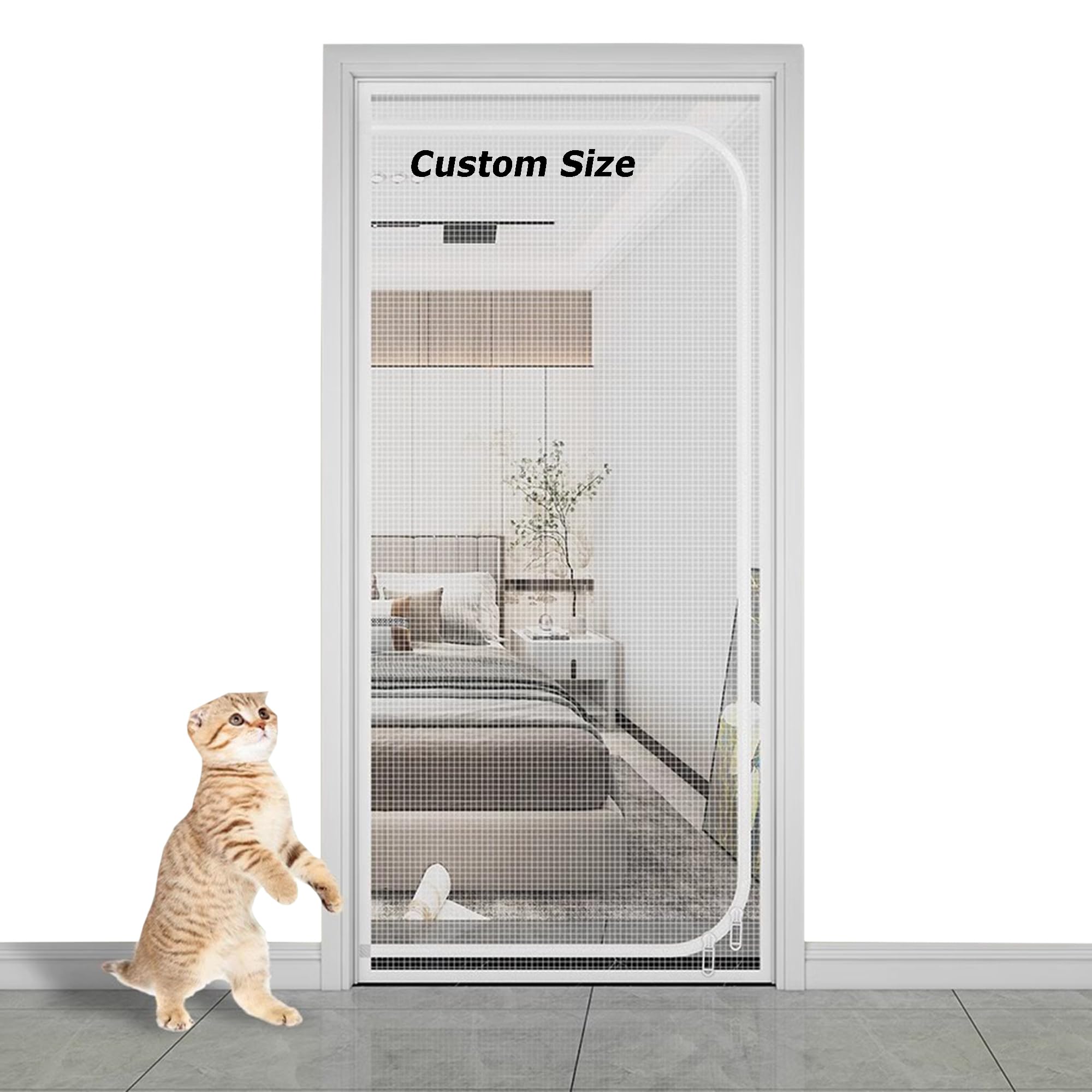 Xxiudee Grey Custom Size Cat Screen Door Partition Mesh, Pet Proof Door Netting With Zipper For Living Room Bedroom Kitchen Patio, Self Adhesive Balcony Safety Mesh (Custom Size)