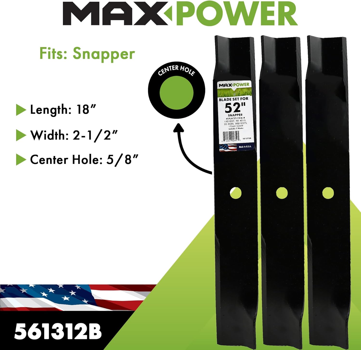 MaxPower 561312B 3 Blade Set for Many 52 in. Cut Snapper Mowers Replaces OEM #'s 1756152AYP, 1756152SYP, 29246, 7075751