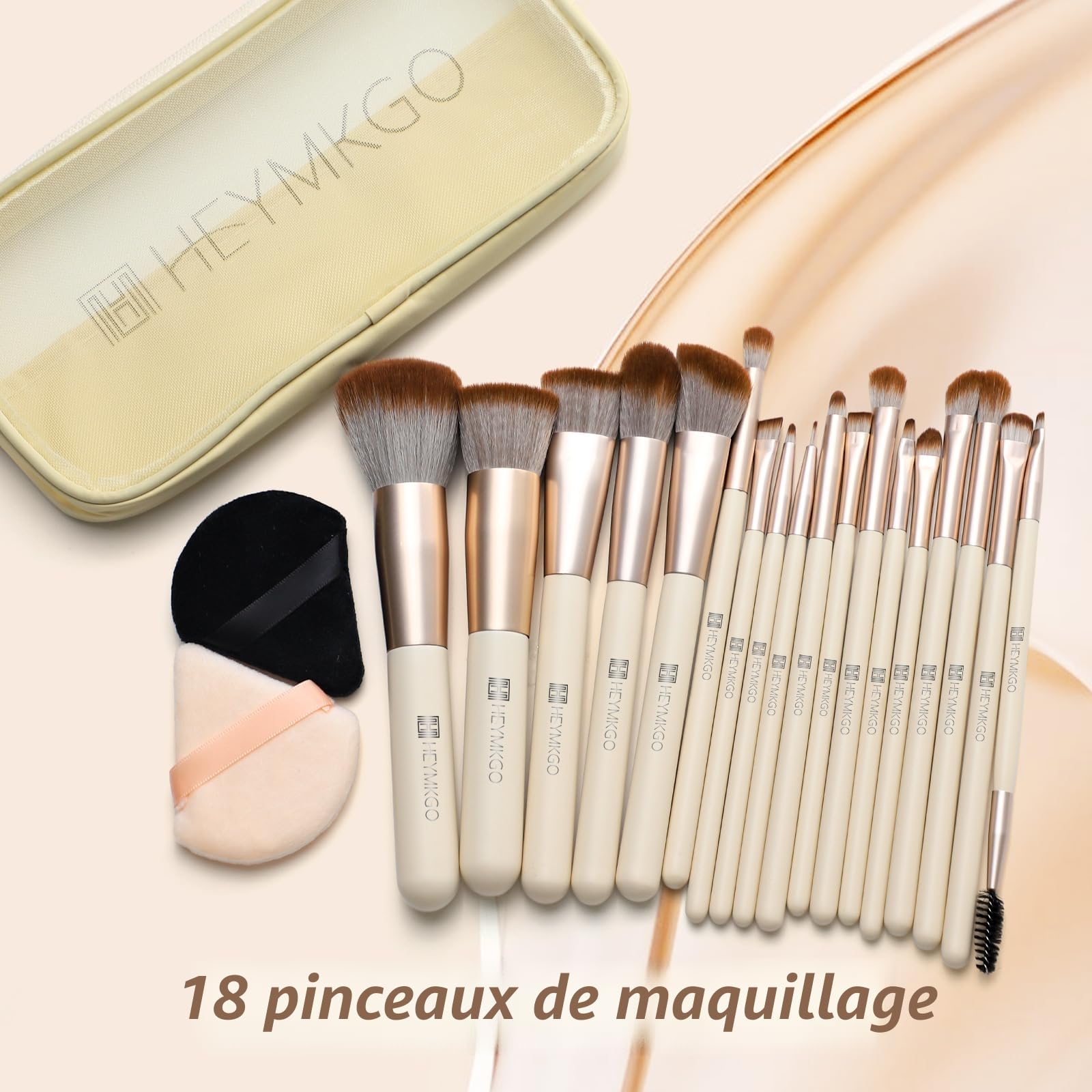 HEYMKGO Lot de 18 Pinceaux de Maquillage Professionnels, 2 Houppettes et Trousse de Voyage Incluses pour Fond de Teint, Poudre, Fard à Paupières