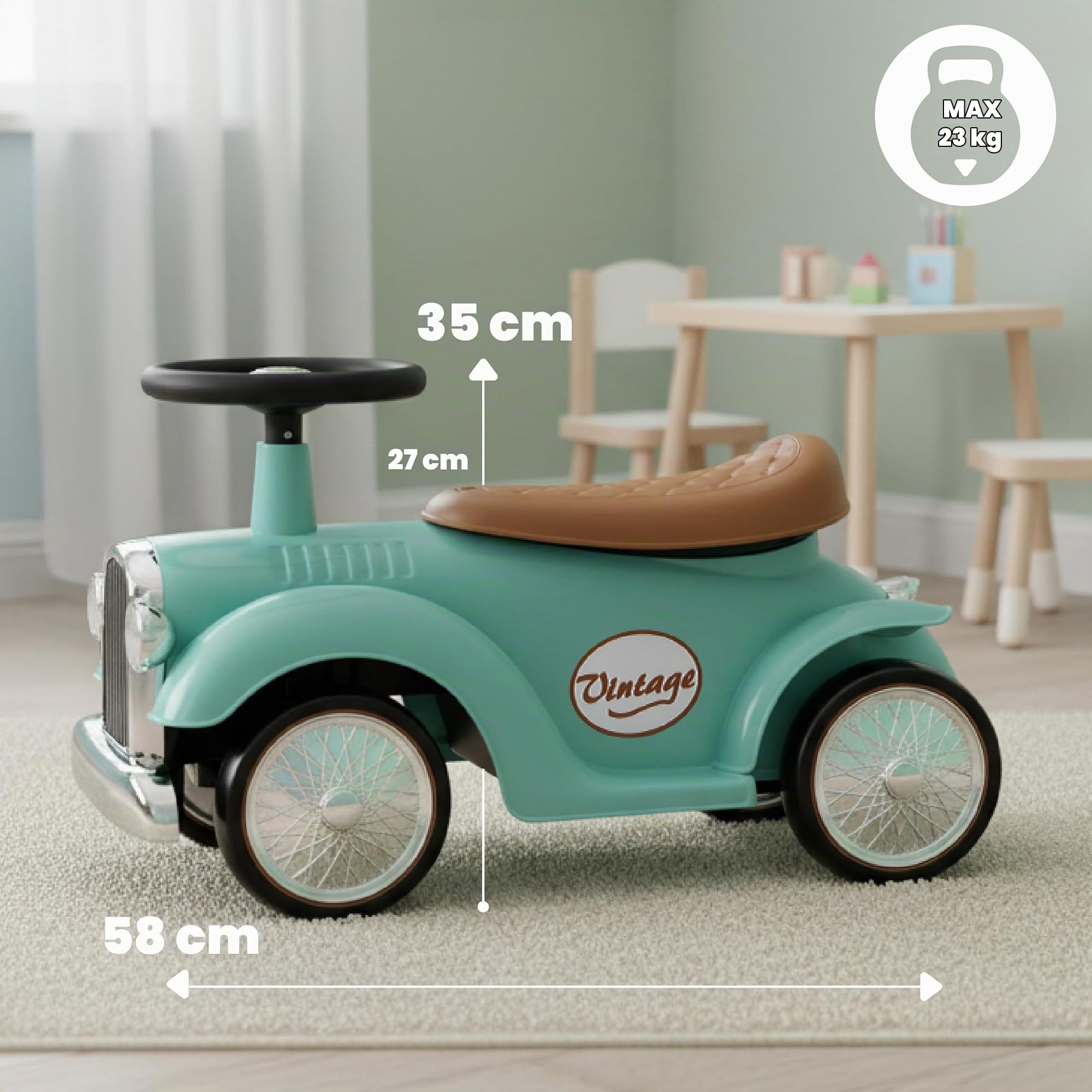 Macchinina bambino 1 anno Retro Classic, macchinina cavalcabile bambino, auto per bambini, aiuto per imparare a camminare con suoni, Volante con clacson (Turchese)