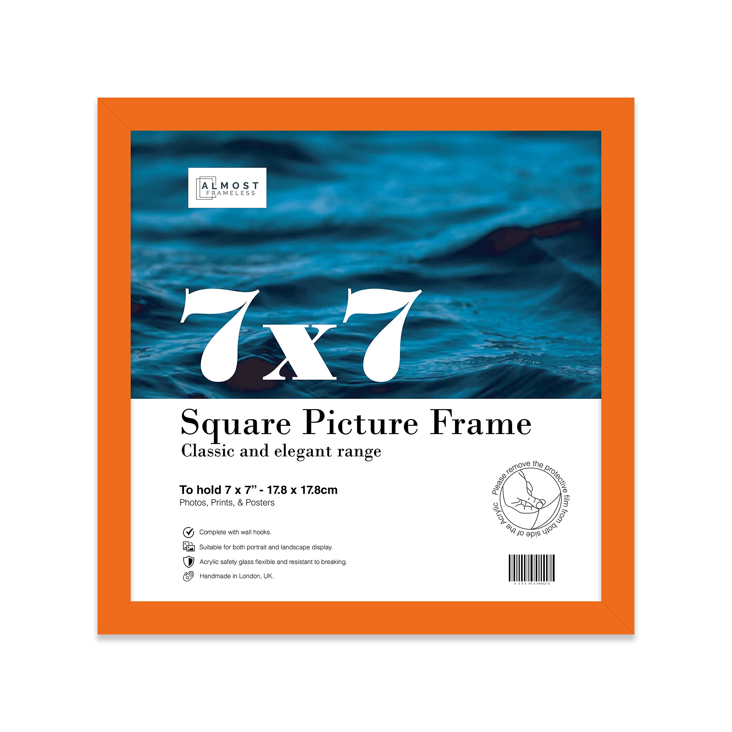 Almost Frameless 7x7 Orange Picture Frame 7"x7" (17.8x17.8cm) Poster, Photo, Artwork, or Print. Thin Edge Slim Frame Portrait and Landscape Display with Wall Hooks