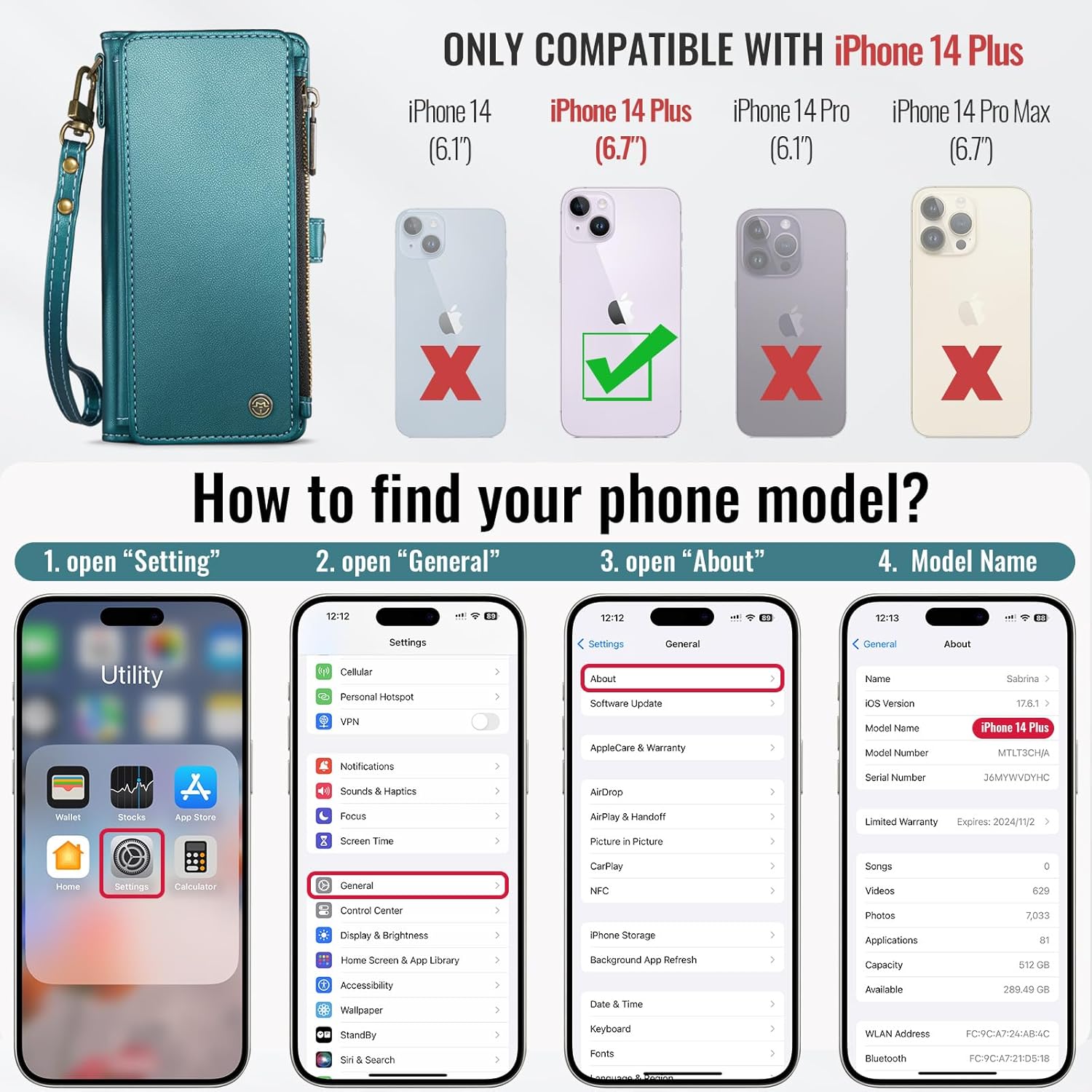Defencase Compatible with iPhone 14 Plus Case Wallet with RFID Blocking Card Holder for Women Men, PU Leather Magnetic Snap Flip Zipper Strap Wallet Phone Case Fit for iPhone 14 Plus 6.6", Blue Green - Image 2