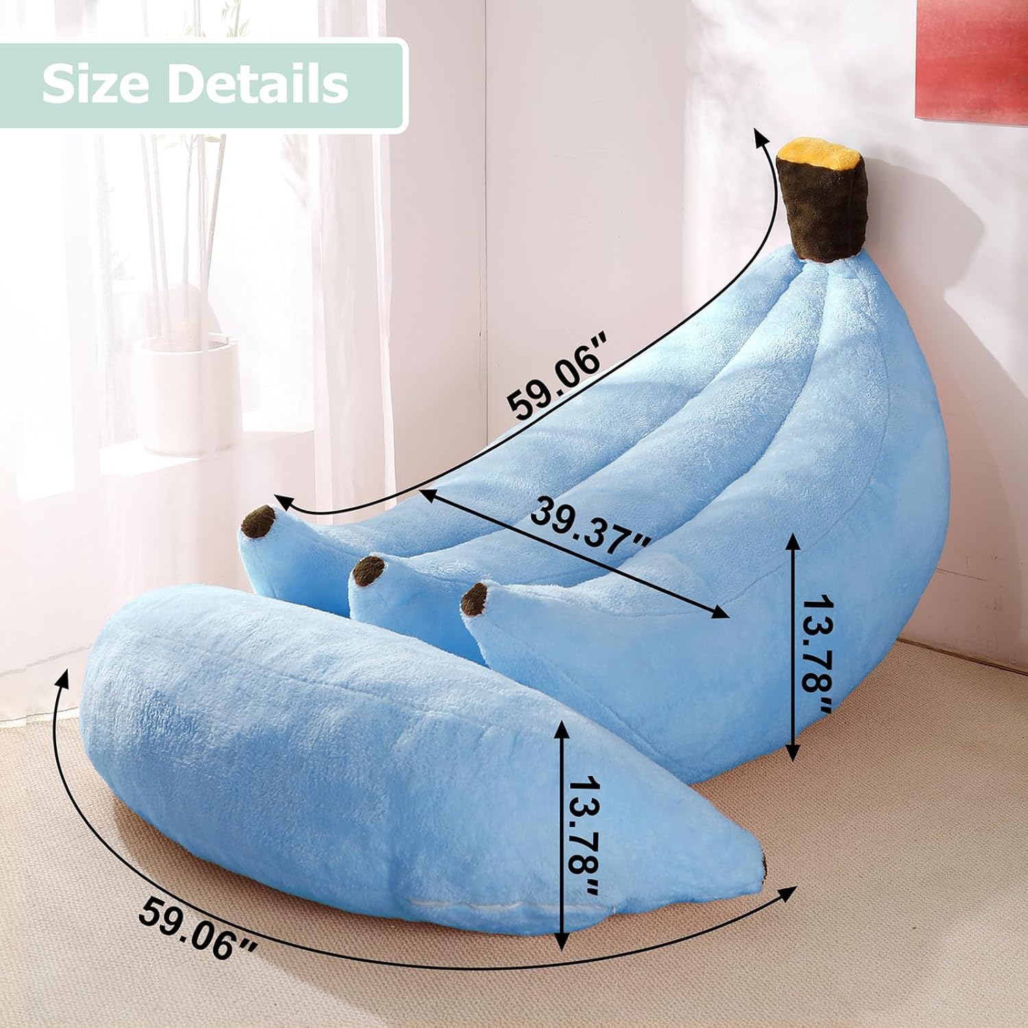 Banana Bean Bag Chair with Ottoman, Floor Sofa Bed with Footrest, Comfy Convertible Lounger for Adults, Plush Couch for Bedroom, Living Room or Dorm, L-SkyBlue