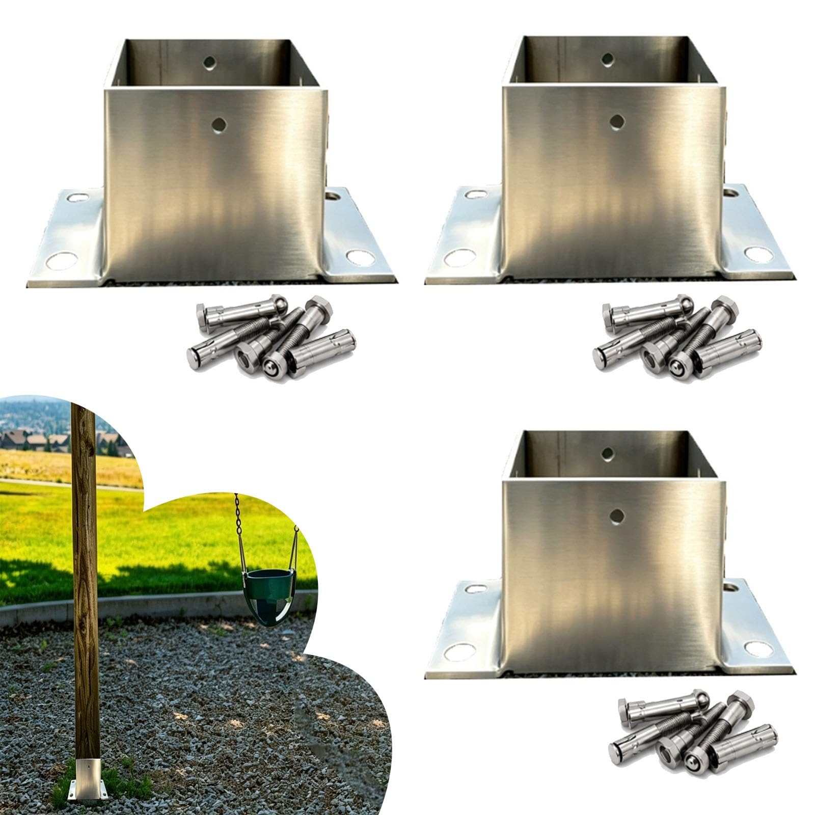 Soporte De Base Para Poste De Columpio, Bases De Anclaje Con Brida Plateada | Staffa Di Stabilizzazione Per Pilastri Per Strutture In Calcestruzzo, Pergolati O Ombrelloni(3 pcs,7x7in/17.8x17.8cm)