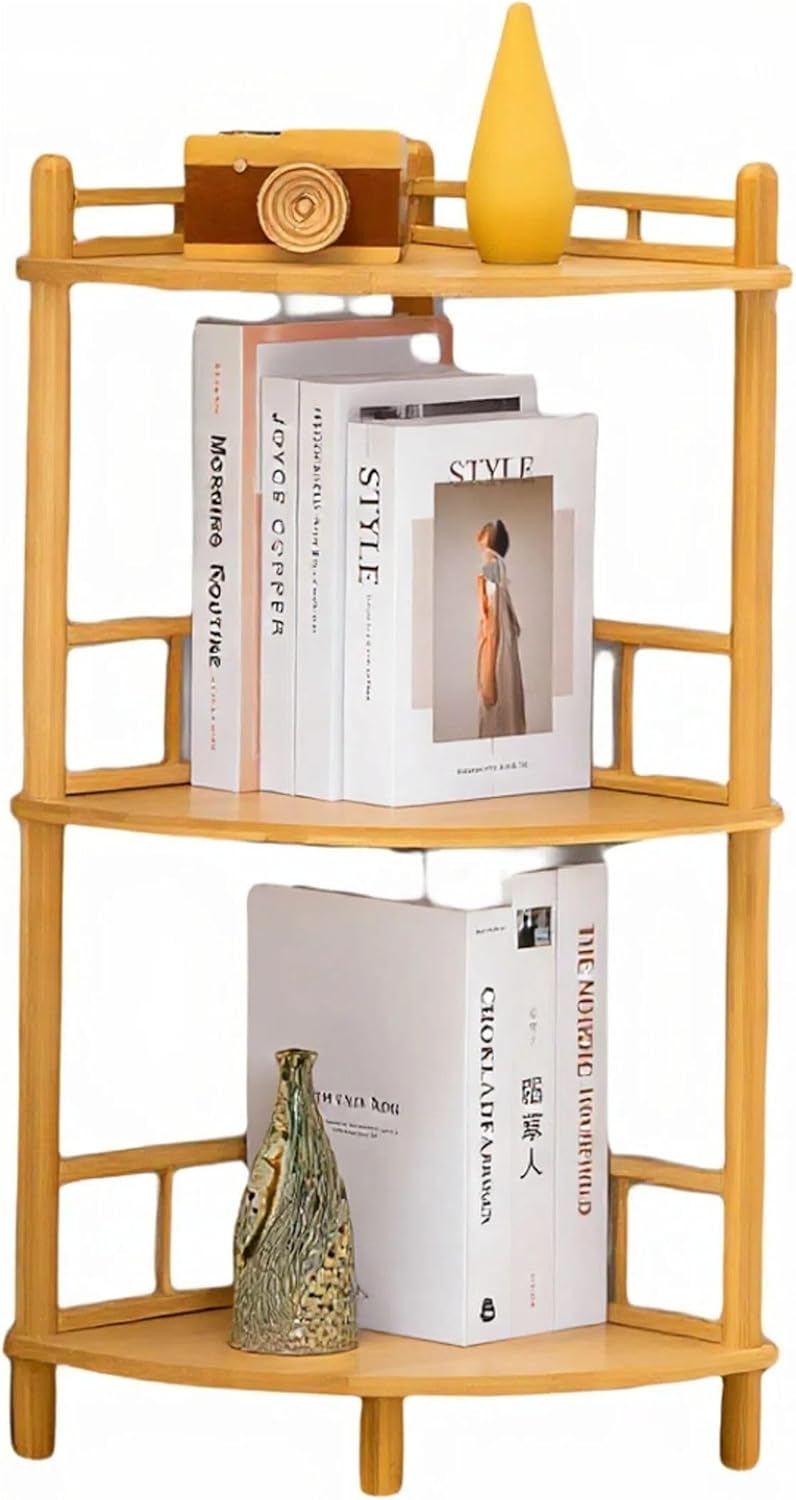 Bamboo Bathroom Corner Shelf | Expandable Bookshelf with Fence | Tool-Free Triangle Rack (Living Room/Bedroom Corner Storage) (Powered by Gogogo) (Natural, 11.8" H(3 Tier)) Natural 11.8" H(3 Tier))