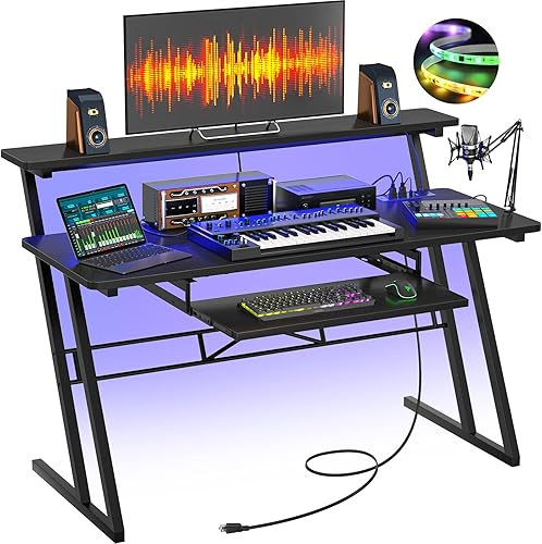 Armocity Music Studio Desk, Music Production Workstation with Power Outlets and RGB LED Lights, Recording Studio Table Desks Music Producer for Home, Black