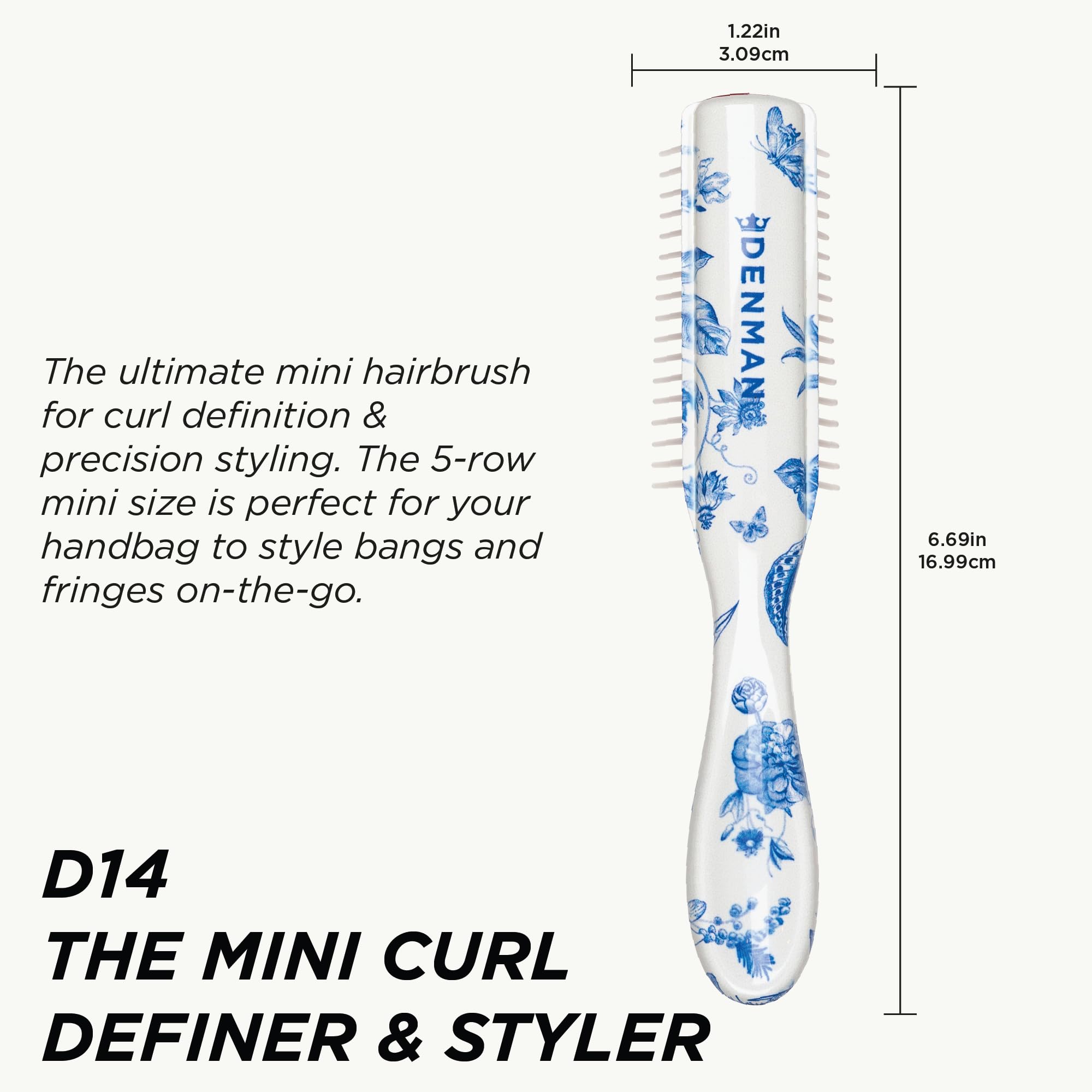 Denman Mini Curl & Blow-Dry Styling Brush – Define Curls, Smooth Frizz & Style Short Hair with Precision, D14 Blue Belle
