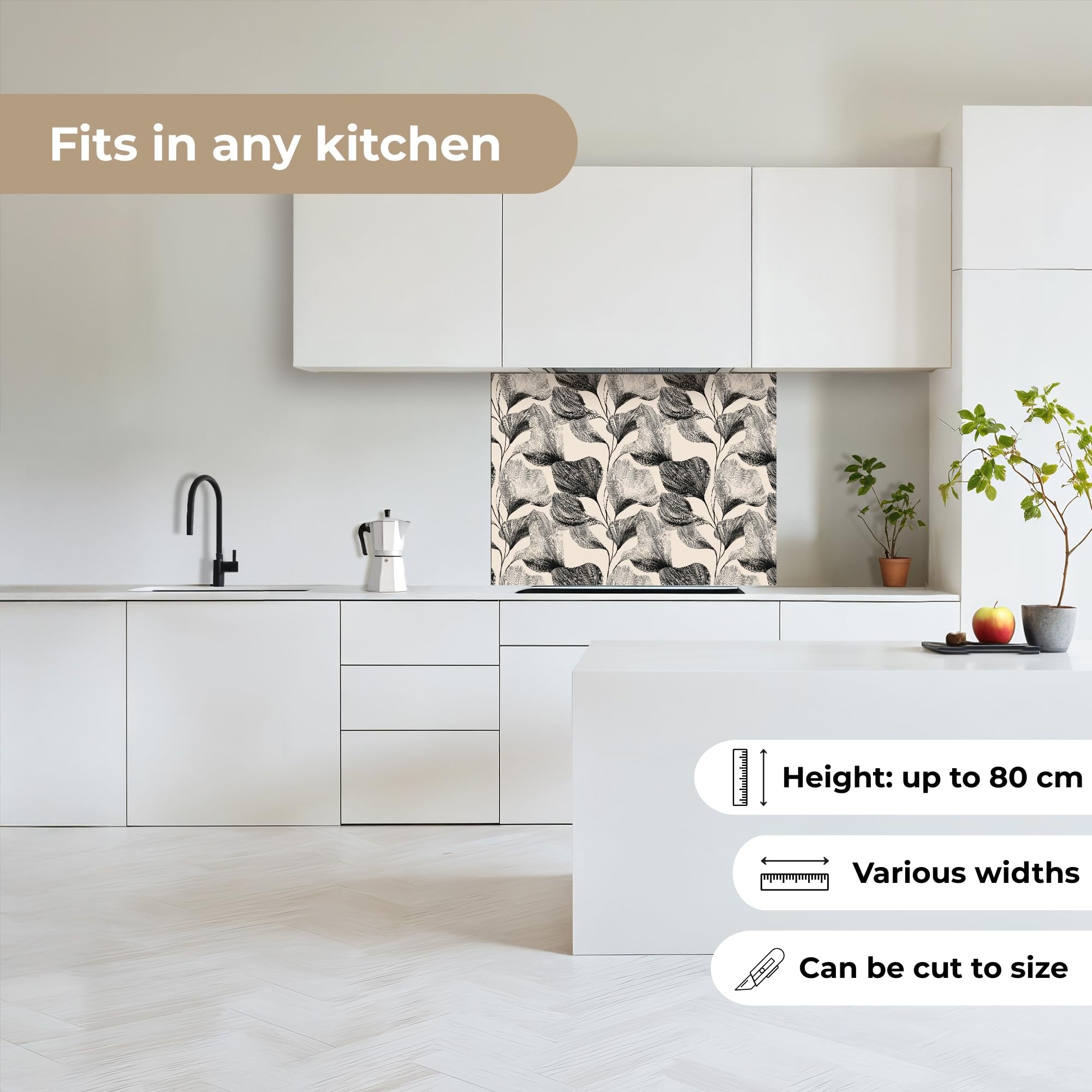KitchenYeah© Antisalpicaduras Cocina 60x80 cm Adhesivo Salpicadero Protector Pared Salpicaduras Revestimiento Botánico - Hojas - Negro