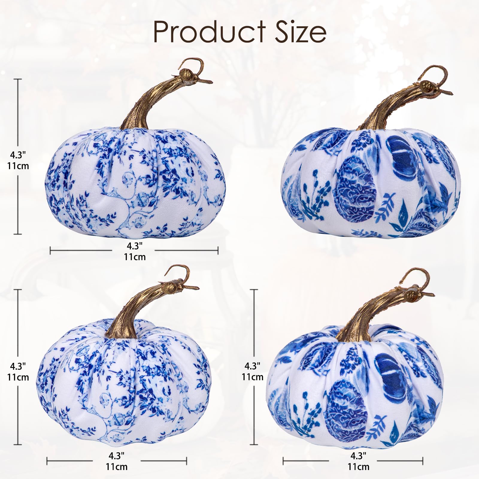 GnFlus Fake Pumpkin Decor 4 Pcs Faux Pumpkins Small Blue and White Velvet Pumpkins Mini Artificial Pumpkin Fall Decorations for Home Table Farmhouse Mantel Halloween Thanksgiving