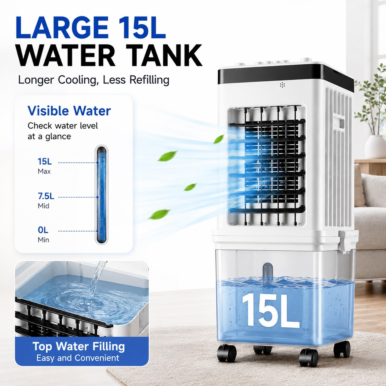 Raffrescatore D'Aria Portatile con Serbatoio d'Acqua da 15 L, Controllo Meccanico, Ventilatore con Ghiaccio per Casa, Camera, Soggiorno e Ufficio