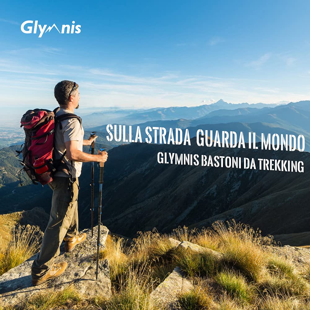 Glymnis Bastoni Trekking Bastoncini da Trekking 3 Sezioni Lunghezza Regolabile 65-135cm in Alluminio 7075 con Sistema di Blocco Rapido e Impugnatura in Sughero per Escursioni Blu