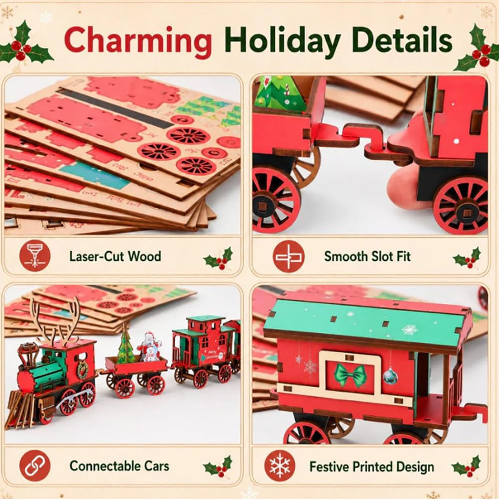 Juego de Rompecabezas de ensamblaje 3D de Tren de Madera navideño DIY (2pcs)