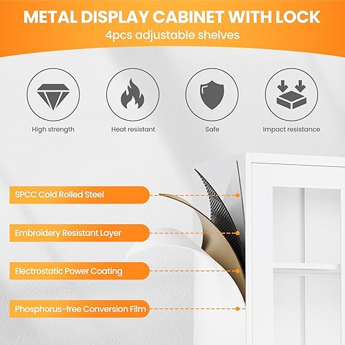 Miniatura 48 de Vitrina con cerradura con puerta de cristal, gabinetes Curio de metal de 71 pulgadas de alto con estantes ajustables, vitrina de licor blanco para