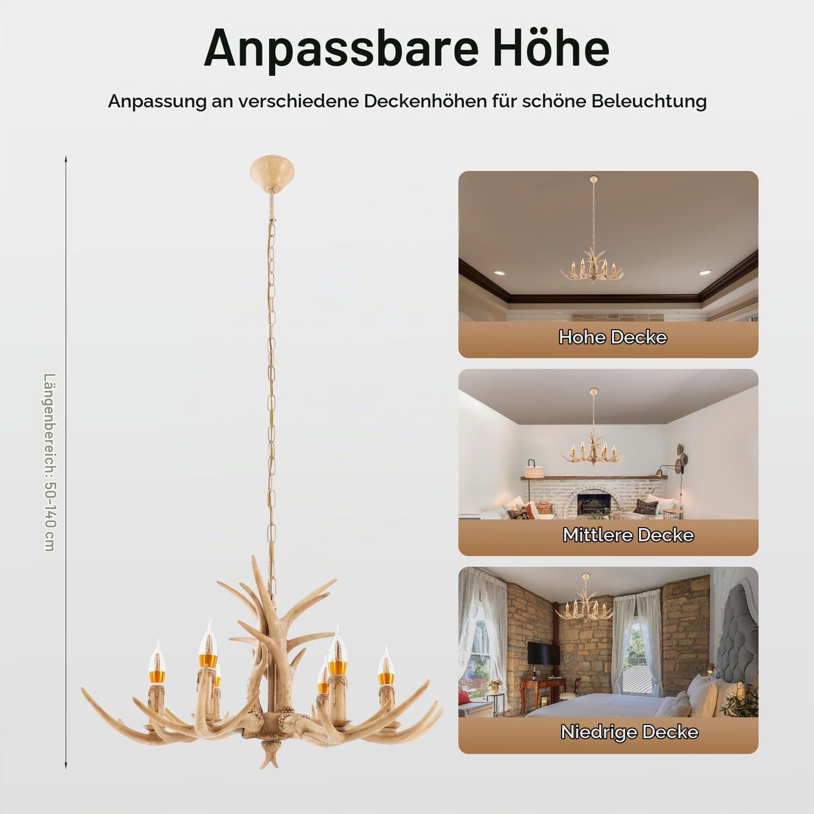 6-Licht Geweih Pendellampe aus Harz & Eisen | Höhenverstellbare Geweihlampe mit 7 × E14 Glühbirnen | 50-140cm Geweih Kronleuchter im Retro Deer -Design für Wohnzimmer, Esszimmer & Café