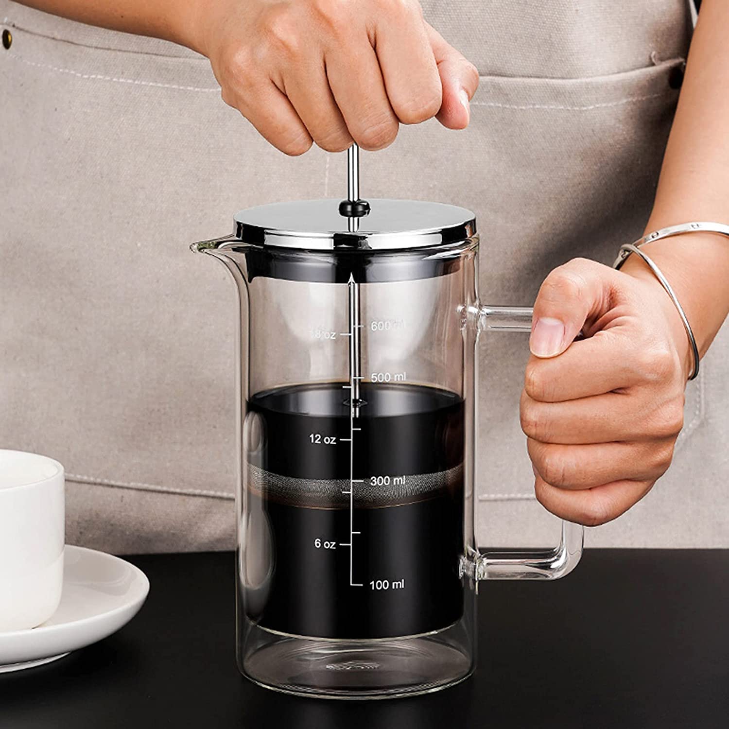 Genérico Cafetera De émbolo, De Filtración De Tres, Jarra De Vidrio para Café Frío, 600 Ml, Portátil Y Resistente Al Calor (600ml)