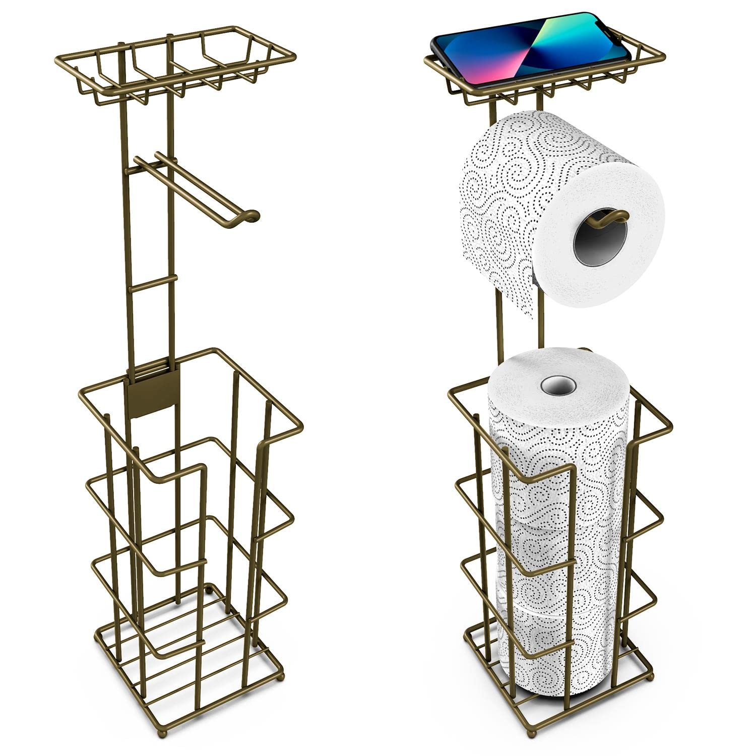 Vinsani Bronze Metal Freestanding Toilet Paper Roll Holder & Storage - 4 Tissue Paper Rolls With Multifunctional Storage Rack Minimalist Modern Style Rust Resistant For Toilet Bathroom –