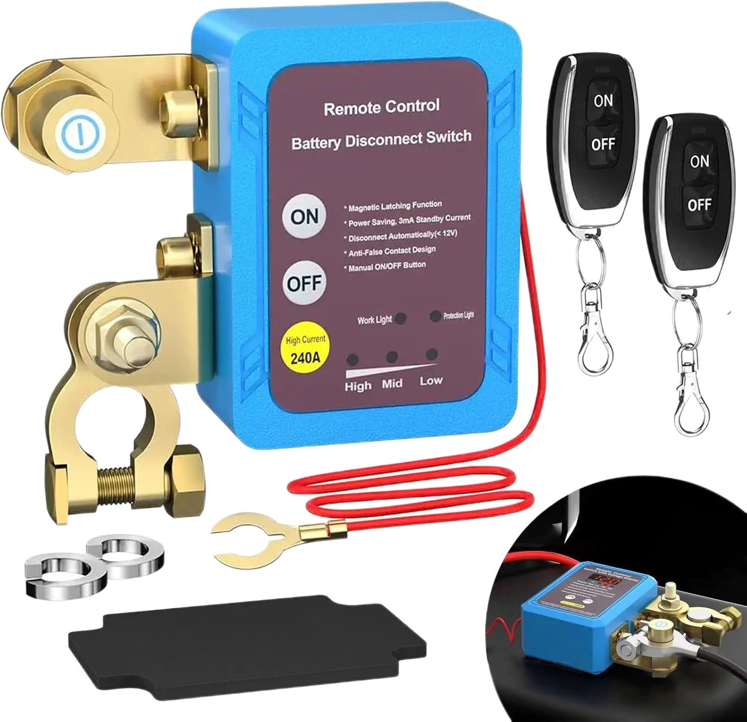 Remote Control of Car Devices for Anti-Theft Safety, 12V, 240A, Upgrade Smart Voltage Kill Switch for Cars, Trucks, RVs, Prevent Battery Drain (1Pc)